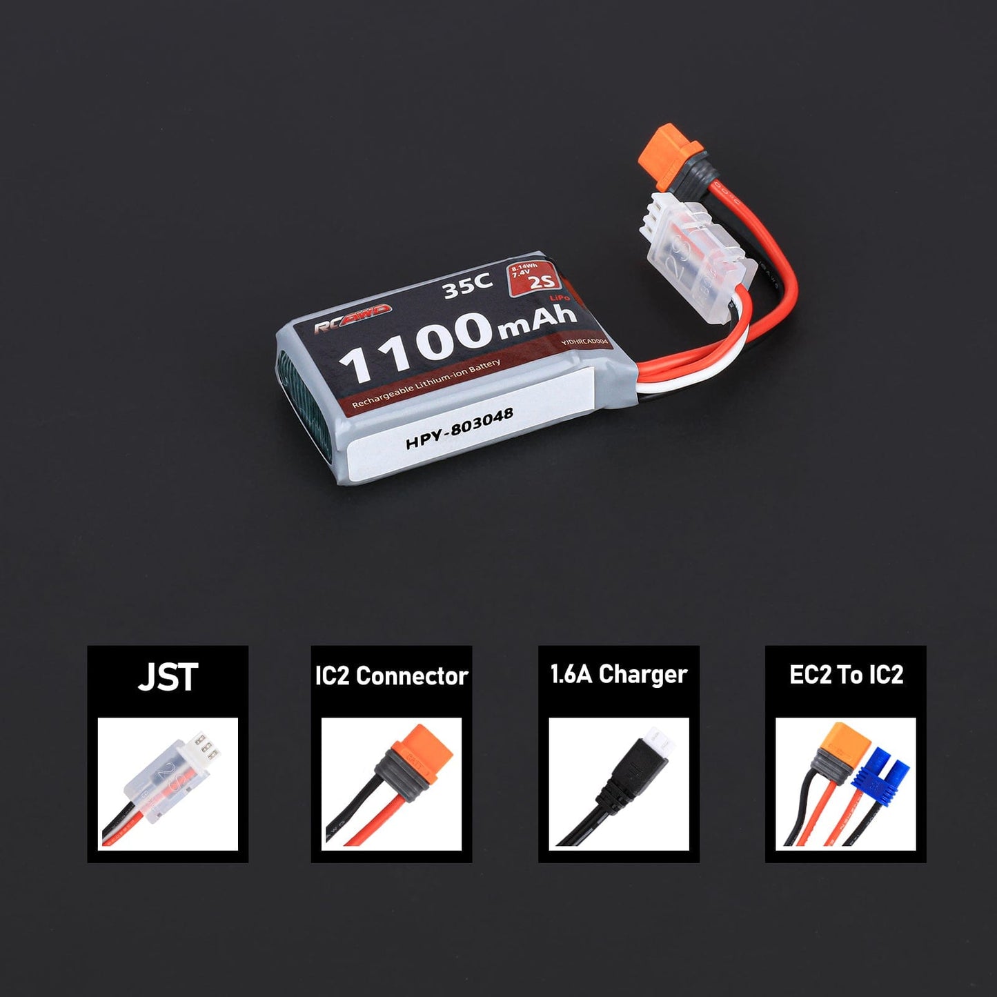 RCAWD Axial UTB18 7.4V 1100MAH 8.14Wh 35C 2S RCAWD Axial 2S 7.4V 1100mAh Battery Set with EC2 to IC2 adapter