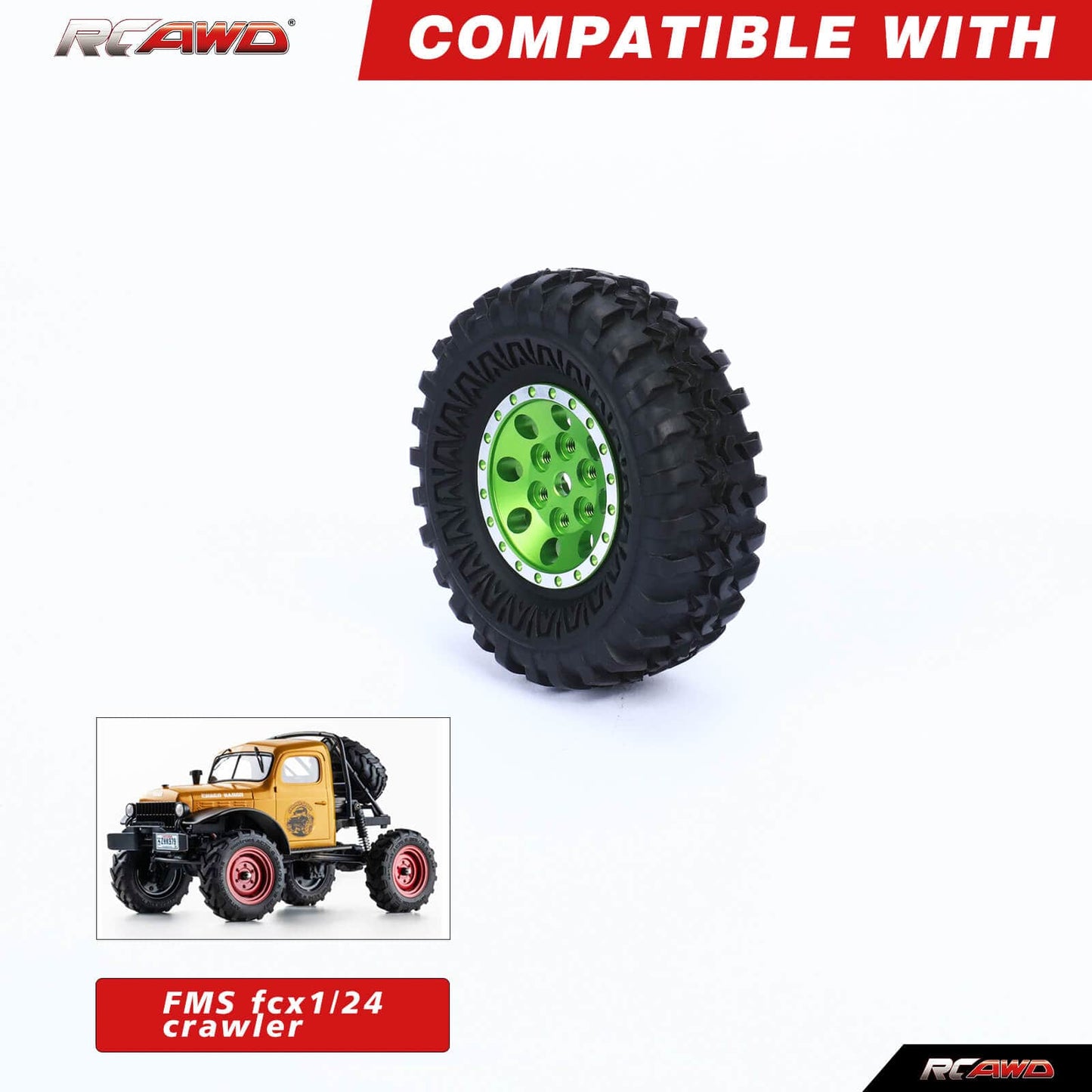RCAWD FMS FCX24 Green RCAWD 55*20mm RC wheel Tires for FMS FCX24 with 7mm brass wheel hex hub D2-C3073G