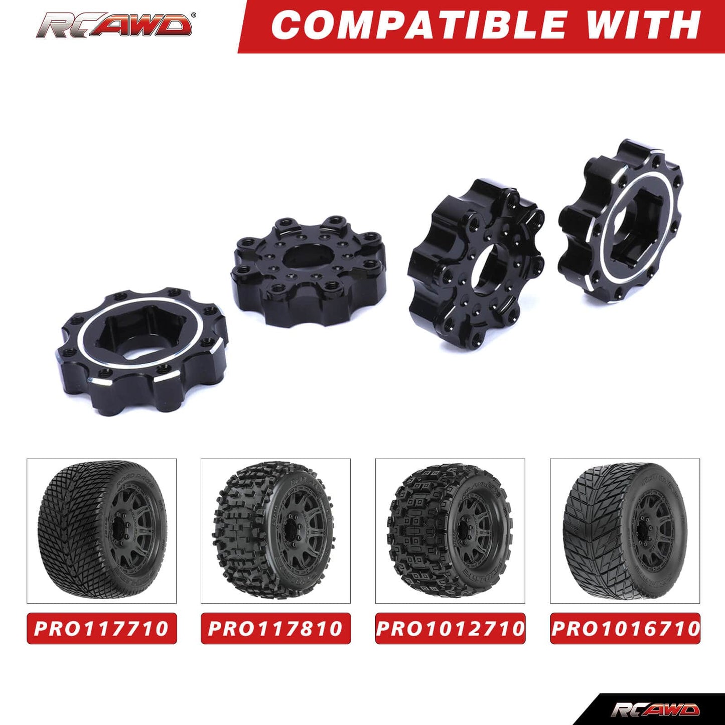RCAWD UNIHEX UNIHEX RC Wheel Hex Adapter 1/8 8x32 to 17mm ZERO Offset Aluminum Hex Adapters for Pro-line Narrow 3.8" Tires Black