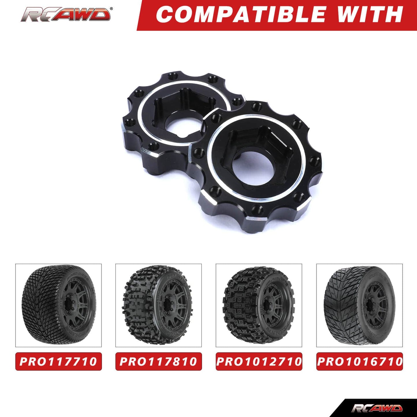 RCAWD UNIHEX UNIHEX RC Wheel Hex Adapter 1/8 8x32 to 17mm ZERO Offset Aluminum Hex Adapters for Pro-line Narrow 3.8" Tires Black