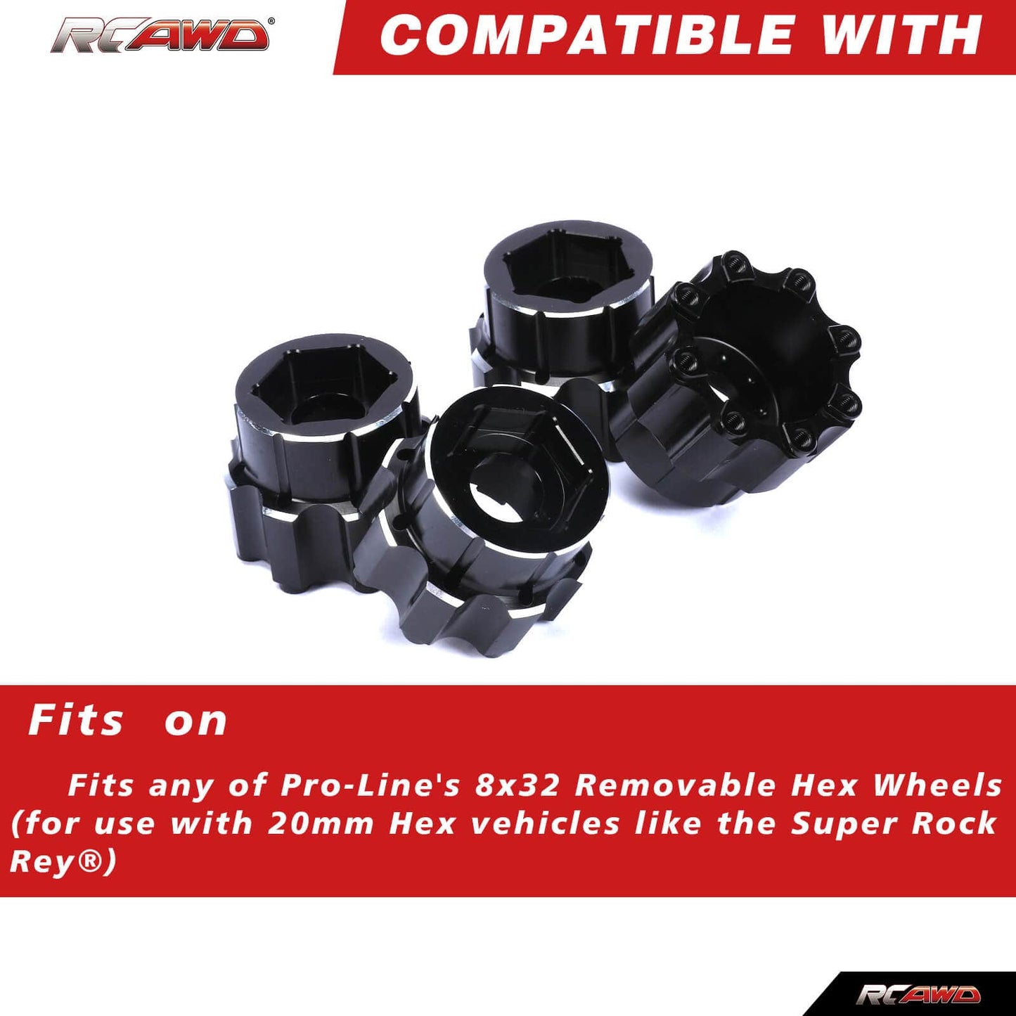 RCAWD UNIHEX UNIHEX RC Wheel Hex Adapter 1/8 8x32 to 20mm Aluminum Hex Adapters for Pro-line Tires Black