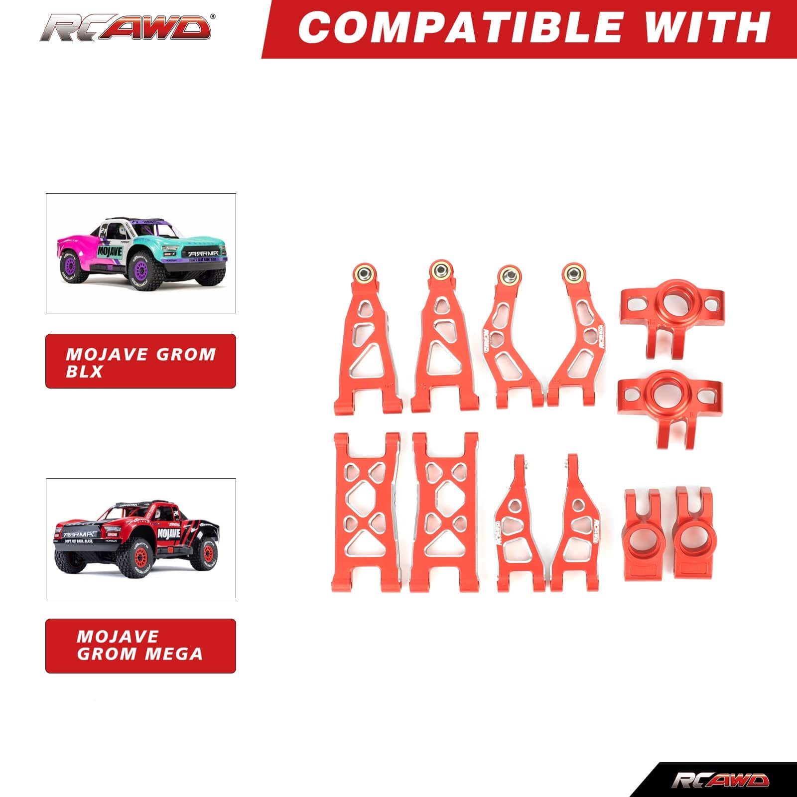 RCAWD 1/12 Losi 2S AWD Upgrade Parts RCAWD Arrma Mojave Grom Front Rear Suspension Arms Set with Rear Stub Axle Carriers Steering Knuckles