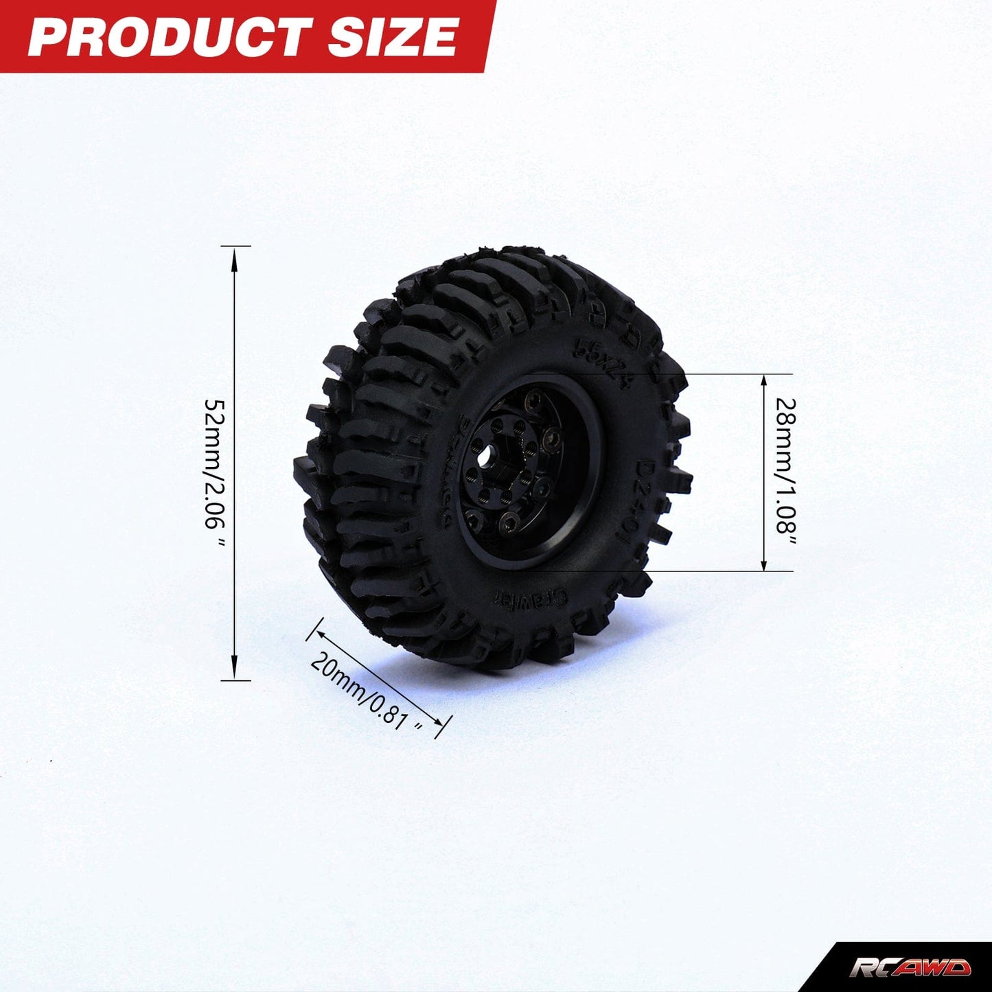 RCAWD 1.0'' Brass Beadlock Wheels and Mud Tires Set for SCX24 Crawler Car - RCAWD