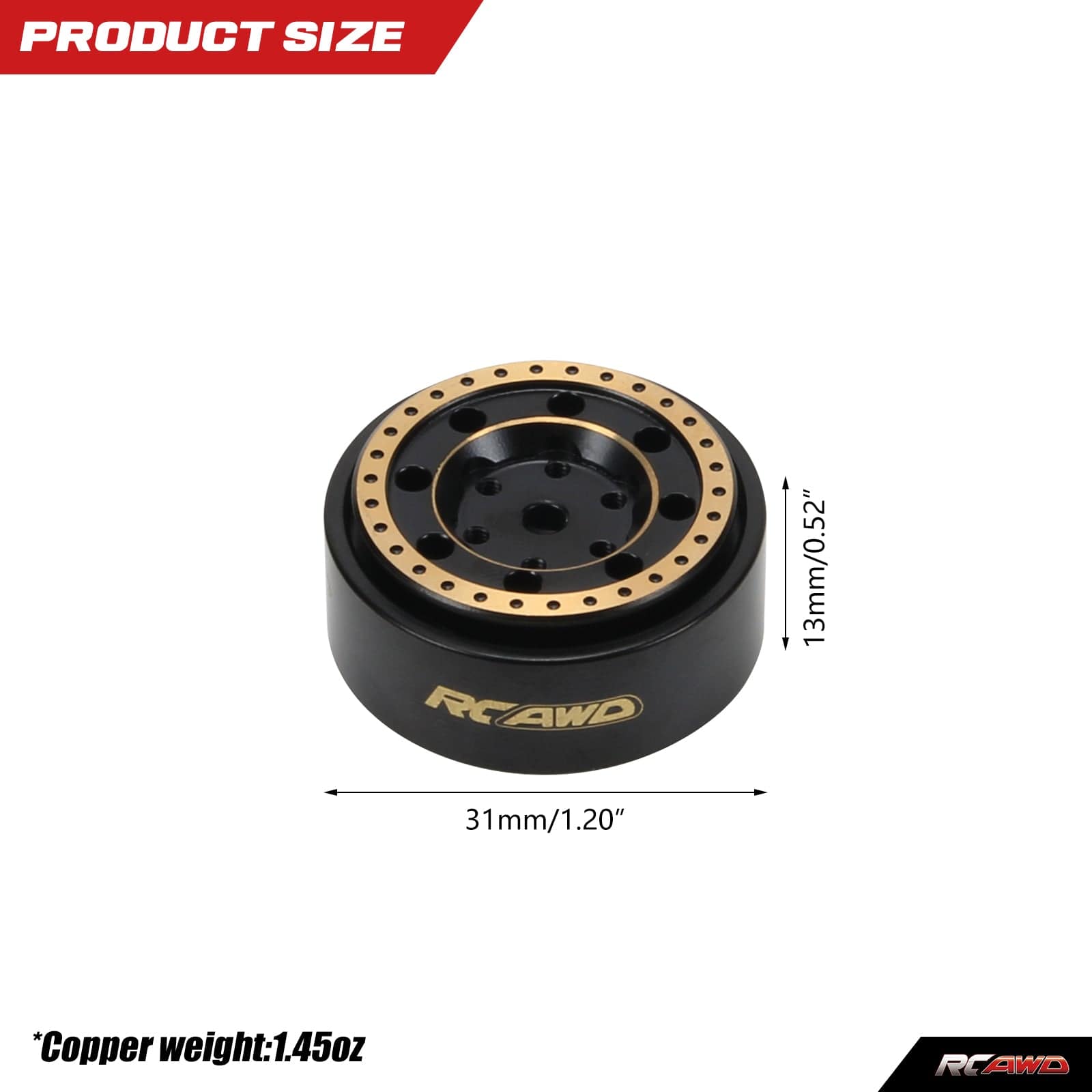 RCAWD 1.0" Brass Wheels 31X13mm for 1/24 SCX24 RC Crawlers - RCAWD