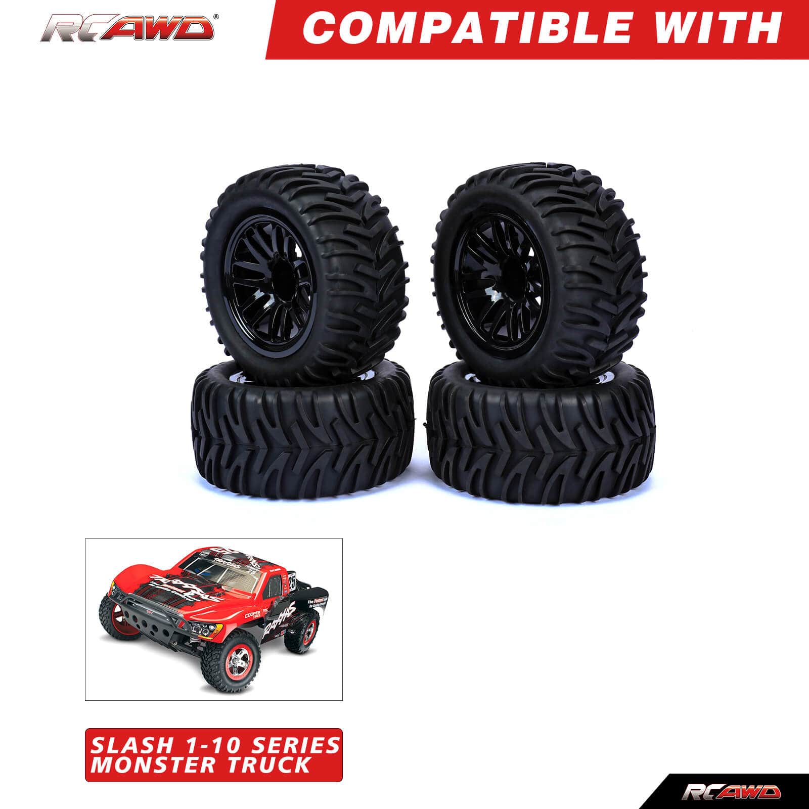 RCAWD 1/10 Pre - glued RC Wheel Tires for Traxxas Slash 14 spokes - RCAWD