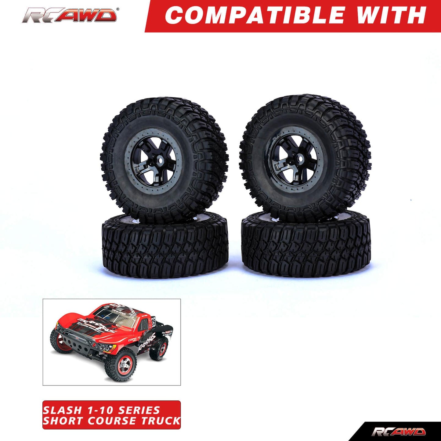 RCAWD 1/10 Pre - glued RC Wheel Tires for Traxxas Slash 5 spokes - RCAWD
