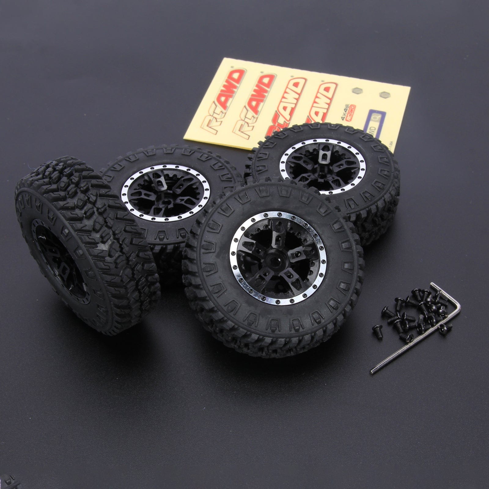 RCAWD 1.3" Aluminum Beadlock Wheel Rubber Tires Set 5 Spoke 55mm for SCX24 FCX24 RC Crawler - RCAWD