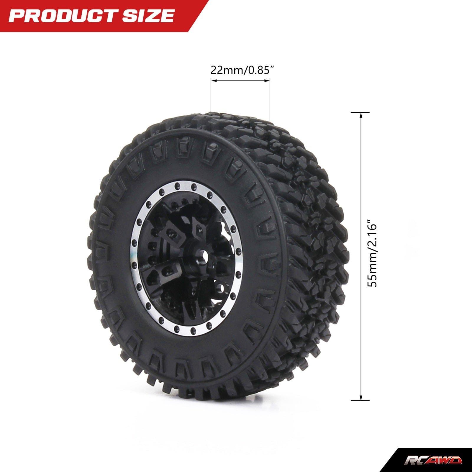 RCAWD 1.3" Aluminum Beadlock Wheel Rubber Tires Set 5 Spoke 55mm for SCX24 FCX24 RC Crawler - RCAWD