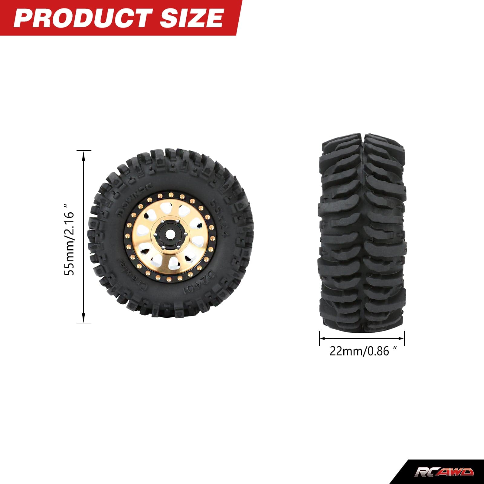 RCAWD 4pcs 1.0" Brass Beadlock Wheels & Soft Rubber Tires Set for SCX24 RC Crawler - RCAWD