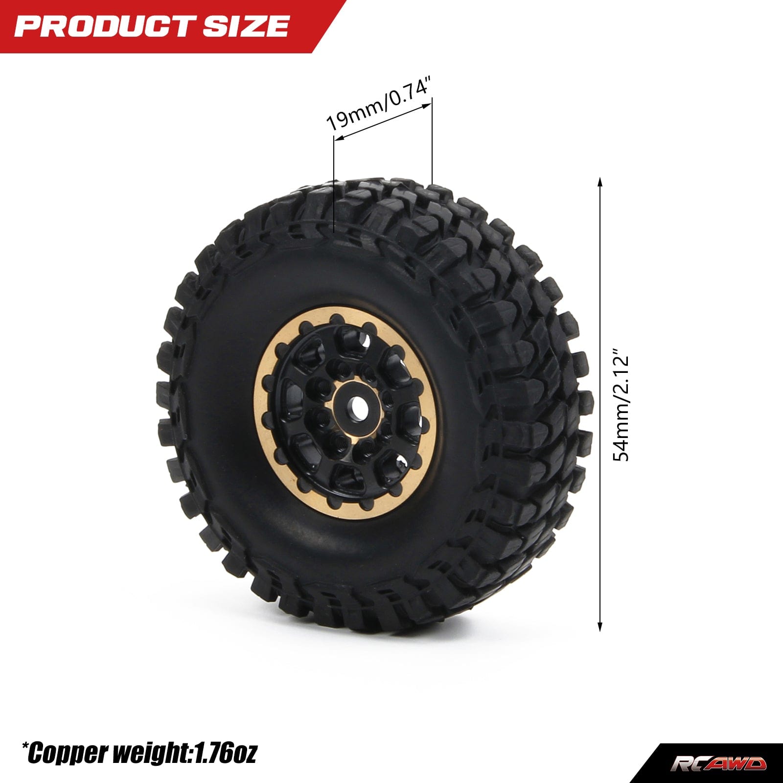 RCAWD 4pcs 1.0" Brass Beadlock Wheels with 54*19mm Tires for SCX24 RC Crawler - RCAWD