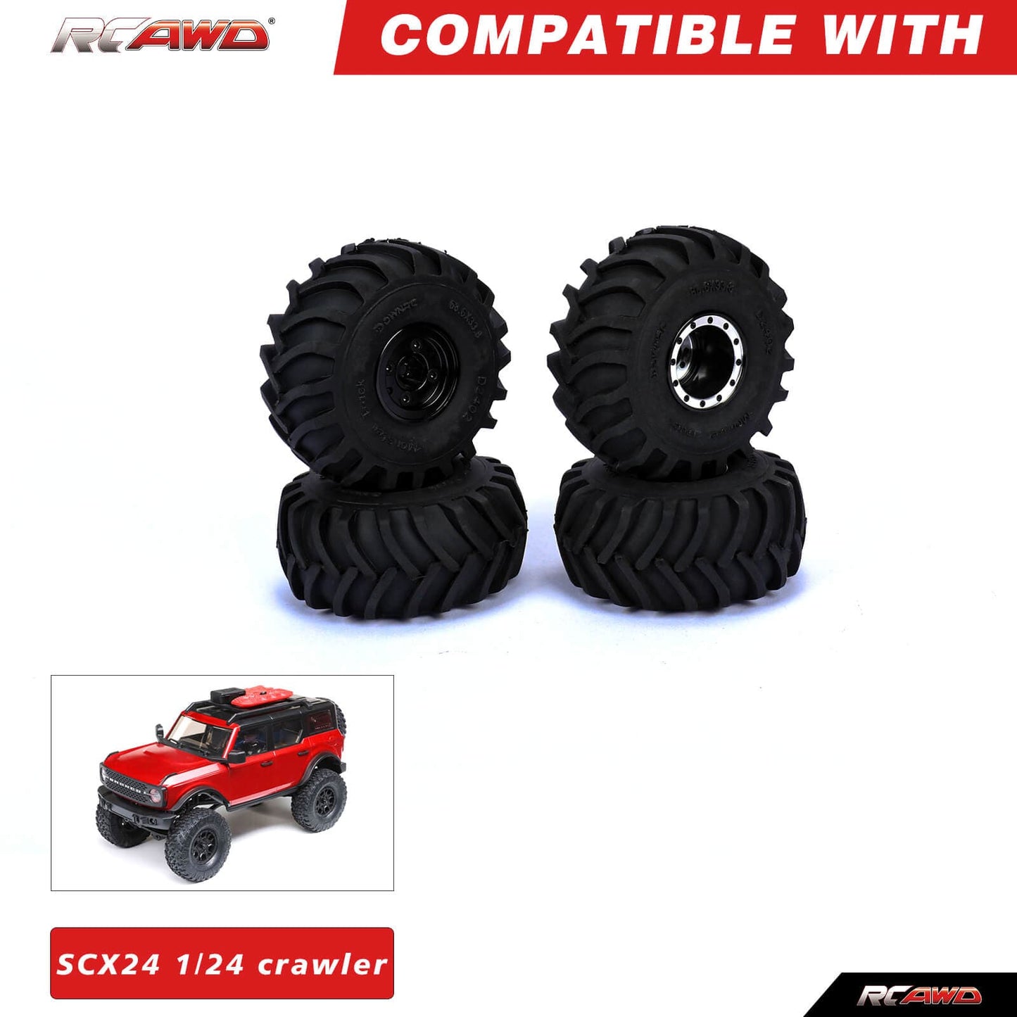 RCAWD 4pcs 1.0" Herringbone Rubber wheel Tire for SCX24 FCX24 SCX2606BL Monster truck - RCAWD