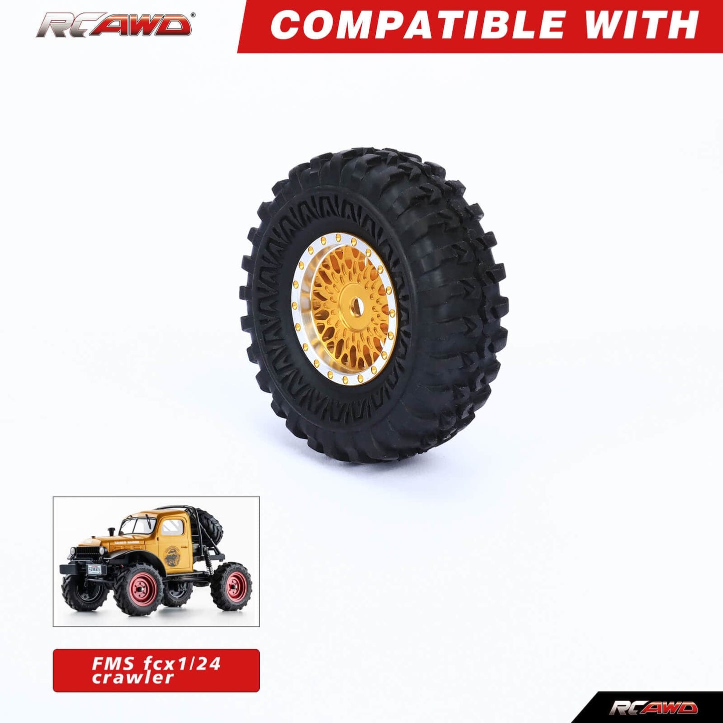 RCAWD 4pcs 55*20mm Wheel Tires with 7mm Brass Hex Hub for FMS 1/24 FCX24 Smasher - RCAWD