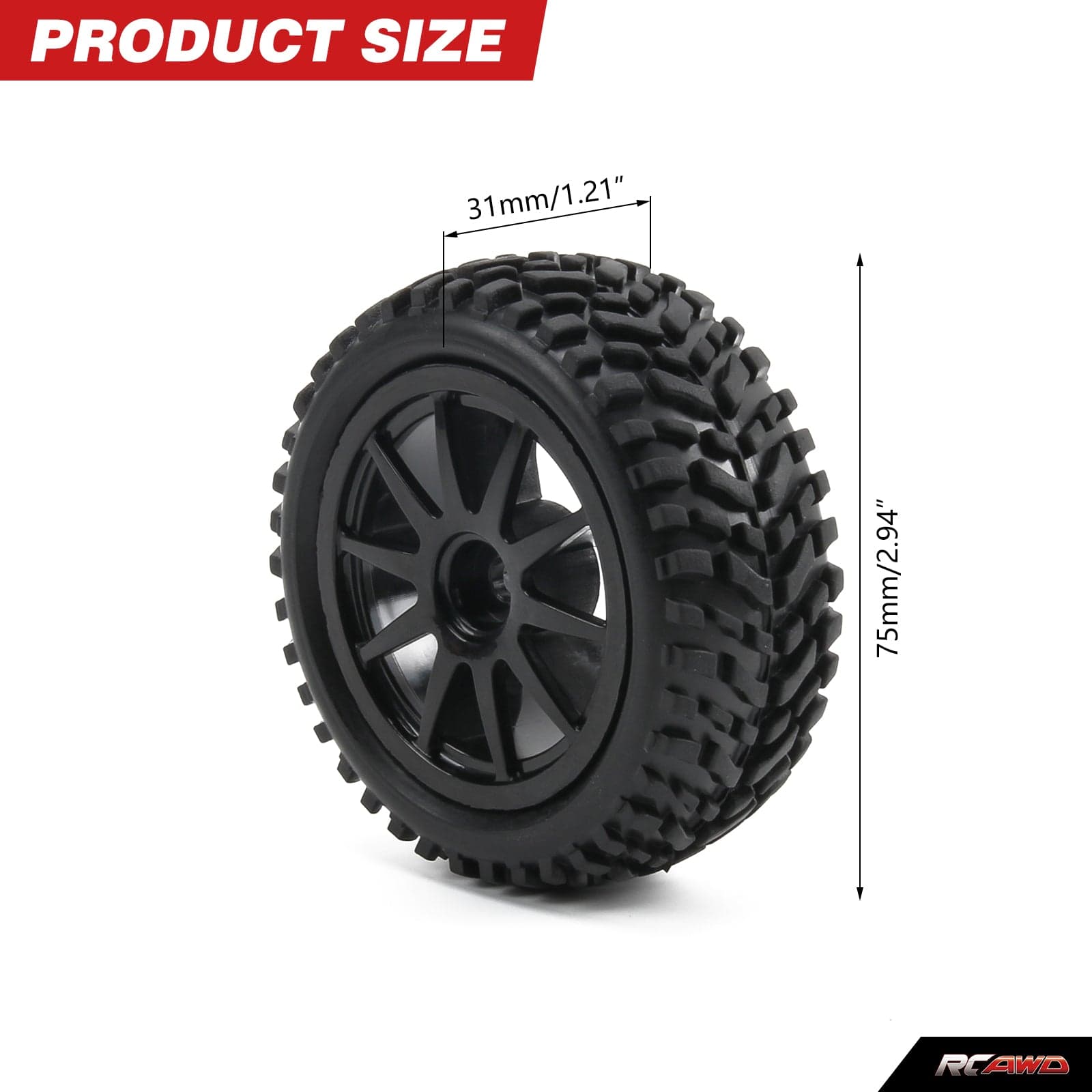 RCAWD 4pcs 75*31mm Wheel Rim & Rubber Tire for Axial 1/18 Yeti Jr. Can - Am Maverick - RCAWD