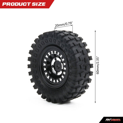 RCAWD 60*20mm Full Alloy 1.3" Beadlock Glue - free Wheel Tire Set for FMS FCX24 and SCX24 Crawlers - RCAWD