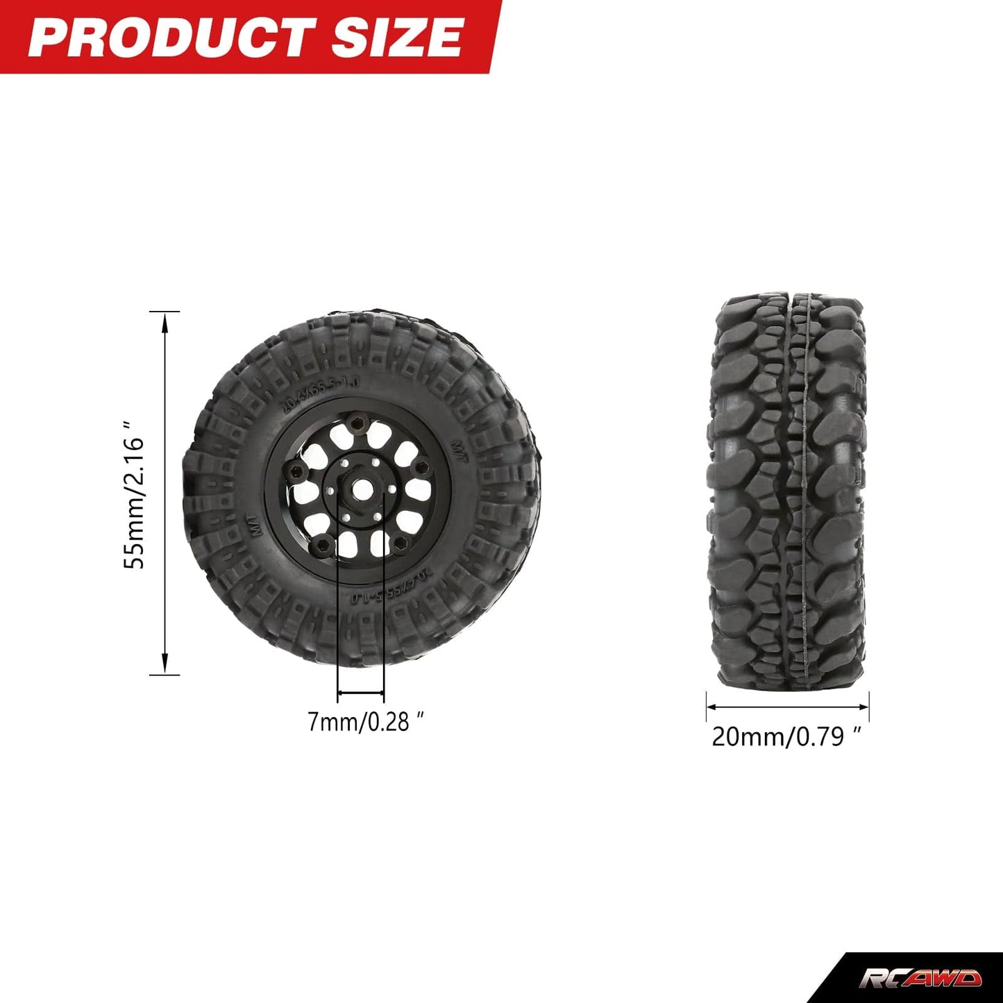 RCAWD Aluminum 1.0" Beadlock Wheels & Rock Crawling Tires Set for 1/24 RC Crawlers - RCAWD