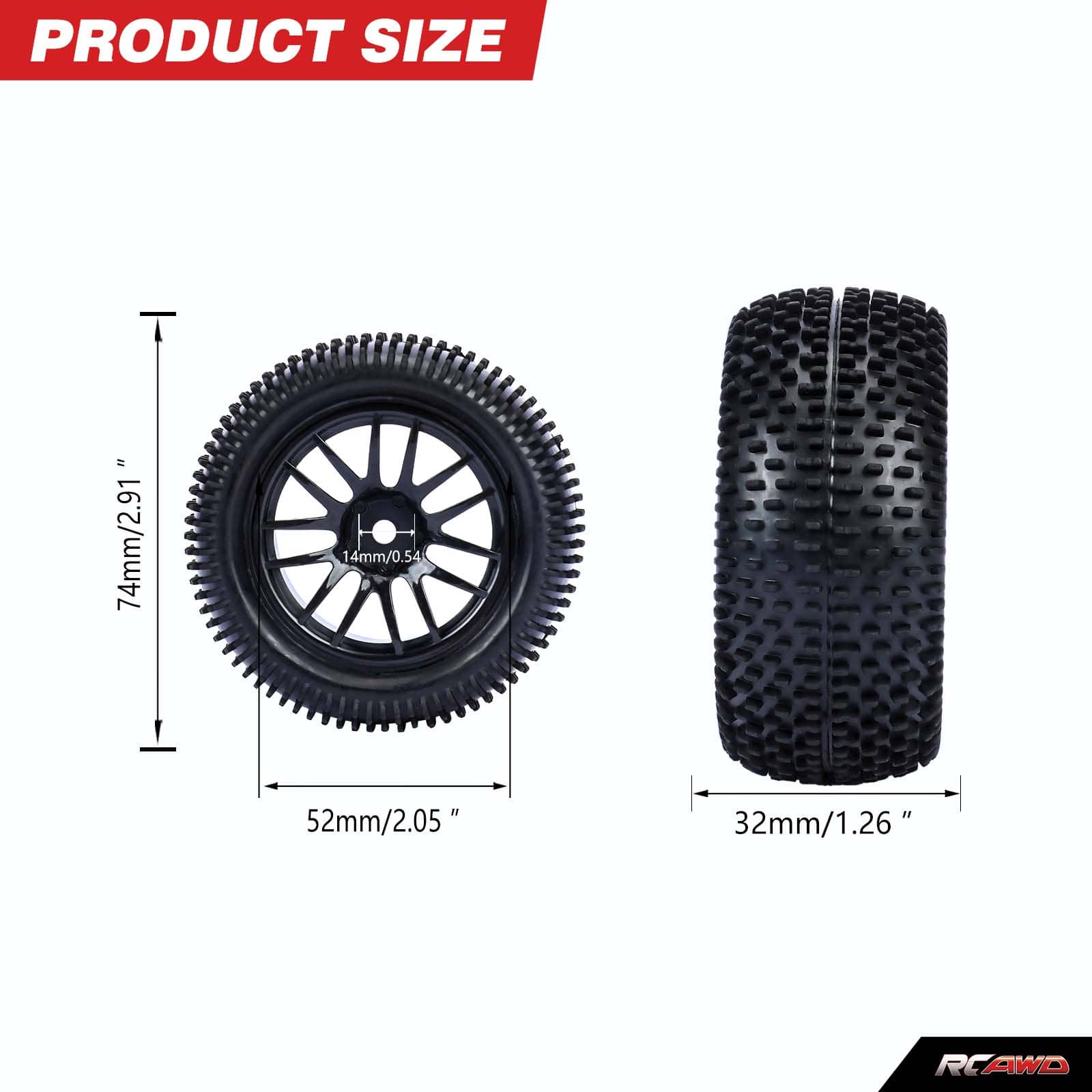 RCAWD Amazon RC Wheel & Tires RCAWD 4pcs 52*74*32mm Pre-glued RC wheels Tires for  1/16 scale MJX Hyper Go 16207