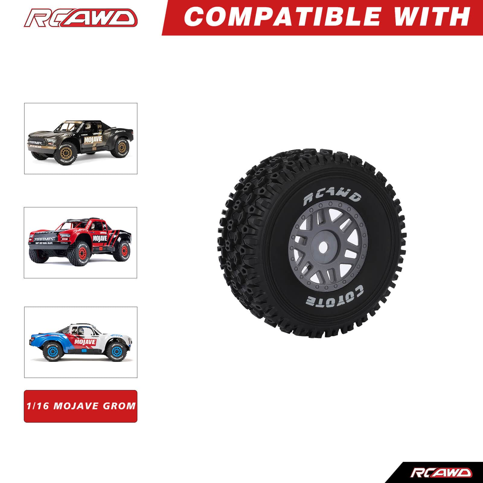 RCAWD ARRMA 1/16 MOJAVE GROM RCAWD ARRMA MOJAVE GROM All Terrain Adaptation Pre Glued Wheel Tires