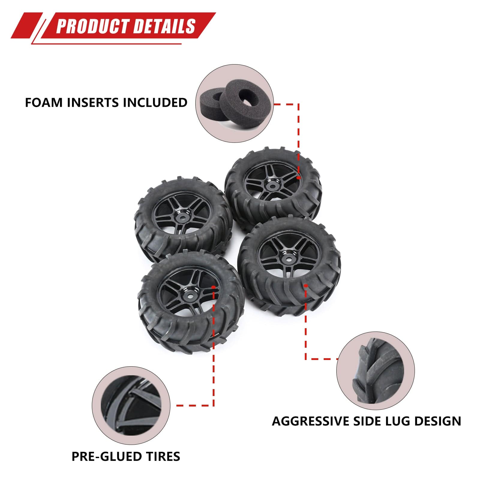 RCAWD Arrma 1/18 GROM Upgrade Parts RCAWD 40g/pc Nylon Wheel Rims Tire Set for Arrma 1/18 Granite Grom Mega Upgrade Parts