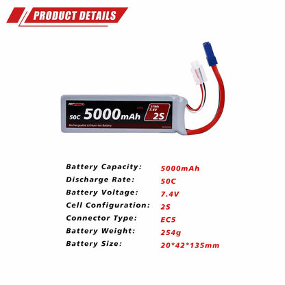RCAWD ARRMA 3S 5000mAh 2S Battery RCAWD Arrma 1/10 5000mAh 7.4V 50C 2S Lipo Battery with EC5 Plug