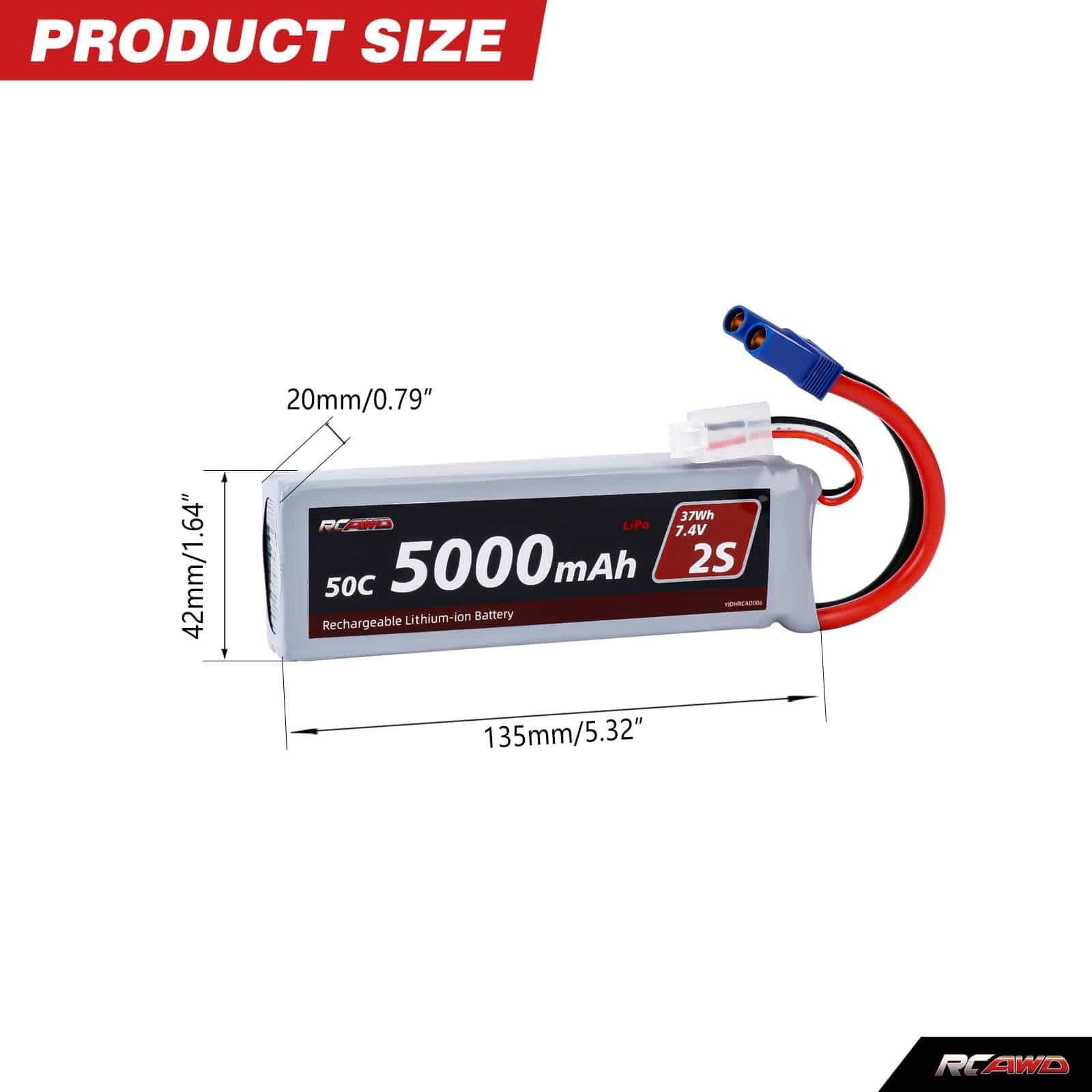 RCAWD ARRMA 3S 5000mAh 2S Battery RCAWD Arrma 1/10 5000mAh 7.4V 50C 2S Lipo Battery with EC5 Plug