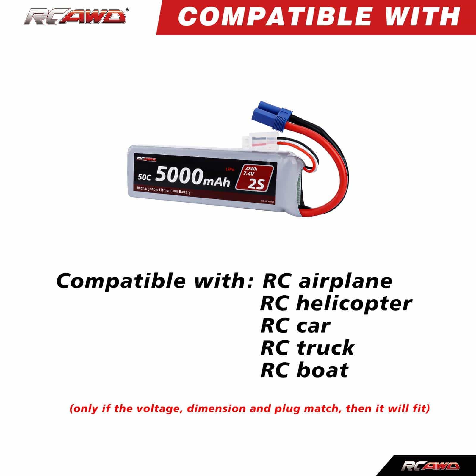 RCAWD ARRMA 3S 5000mAh 2S Battery RCAWD Arrma 1/10 5000mAh 7.4V 50C 2S Lipo Battery with EC5 Plug