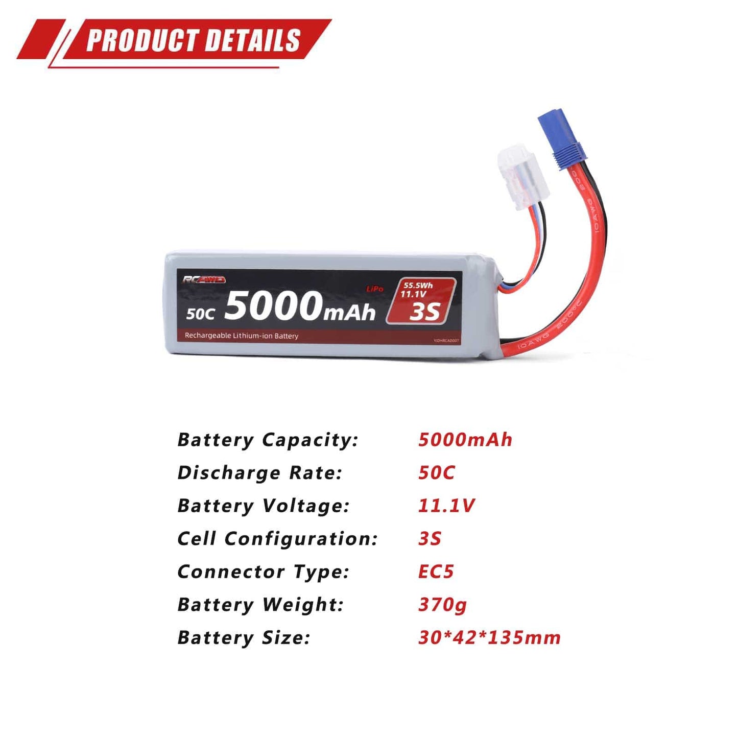 RCAWD ARRMA 3S 5000mAh 2S Battery RCAWD Arrma 3S 6S 5000mAh 55.5Wh 11.1V 50C 3S Lipo Battery with EC5 Plug