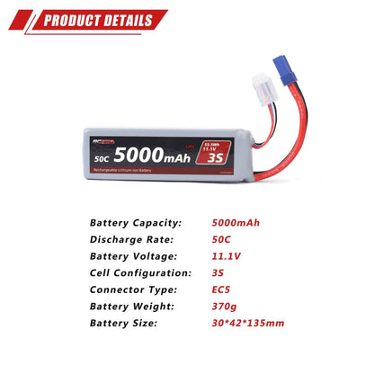 RCAWD ARRMA 3S 5000mAh 2S Battery RCAWD Arrma 3S 6S 5000mAh 55.5Wh 11.1V 50C 3S Lipo Battery with EC5 Plug