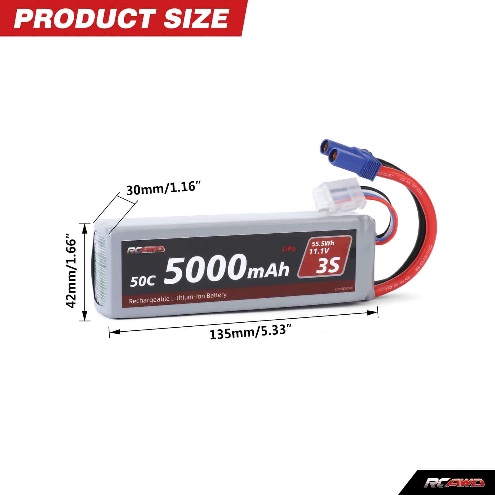 RCAWD ARRMA 3S 5000mAh 2S Battery RCAWD Arrma 3S 6S 5000mAh 55.5Wh 11.1V 50C 3S Lipo Battery with EC5 Plug
