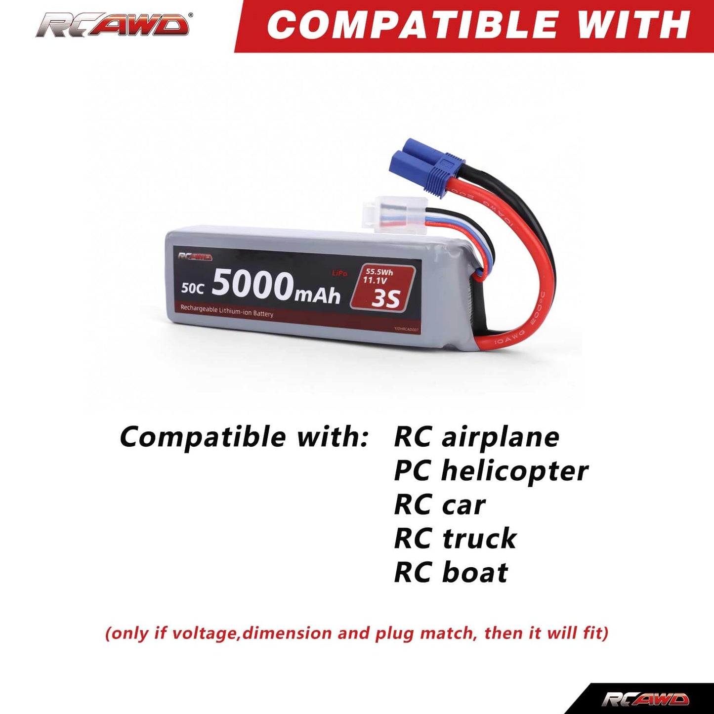 RCAWD ARRMA 3S 5000mAh 2S Battery RCAWD Arrma 3S 6S 5000mAh 55.5Wh 11.1V 50C 3S Lipo Battery with EC5 Plug