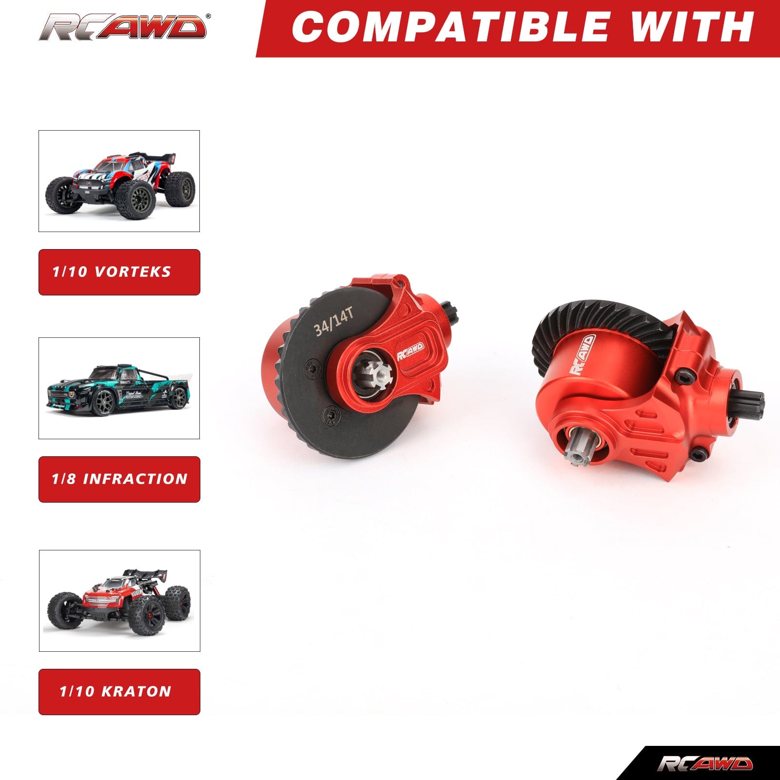 RCAWD ARRMA 3S RCAWD Arrma 34T/13T Chrome steel Front Rear Diff Boost Box