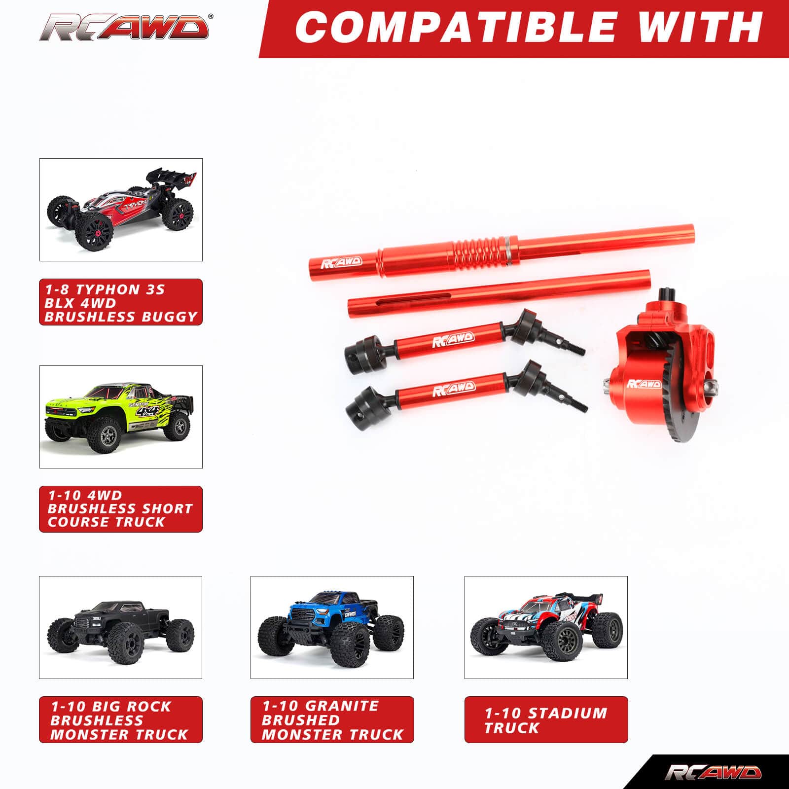 RCAWD ARRMA 3S Red RCAWD ARRMA 3s Upgrades 2WD to 4WD Full Aluminum Differential Set for Grannite Senton Big Rock