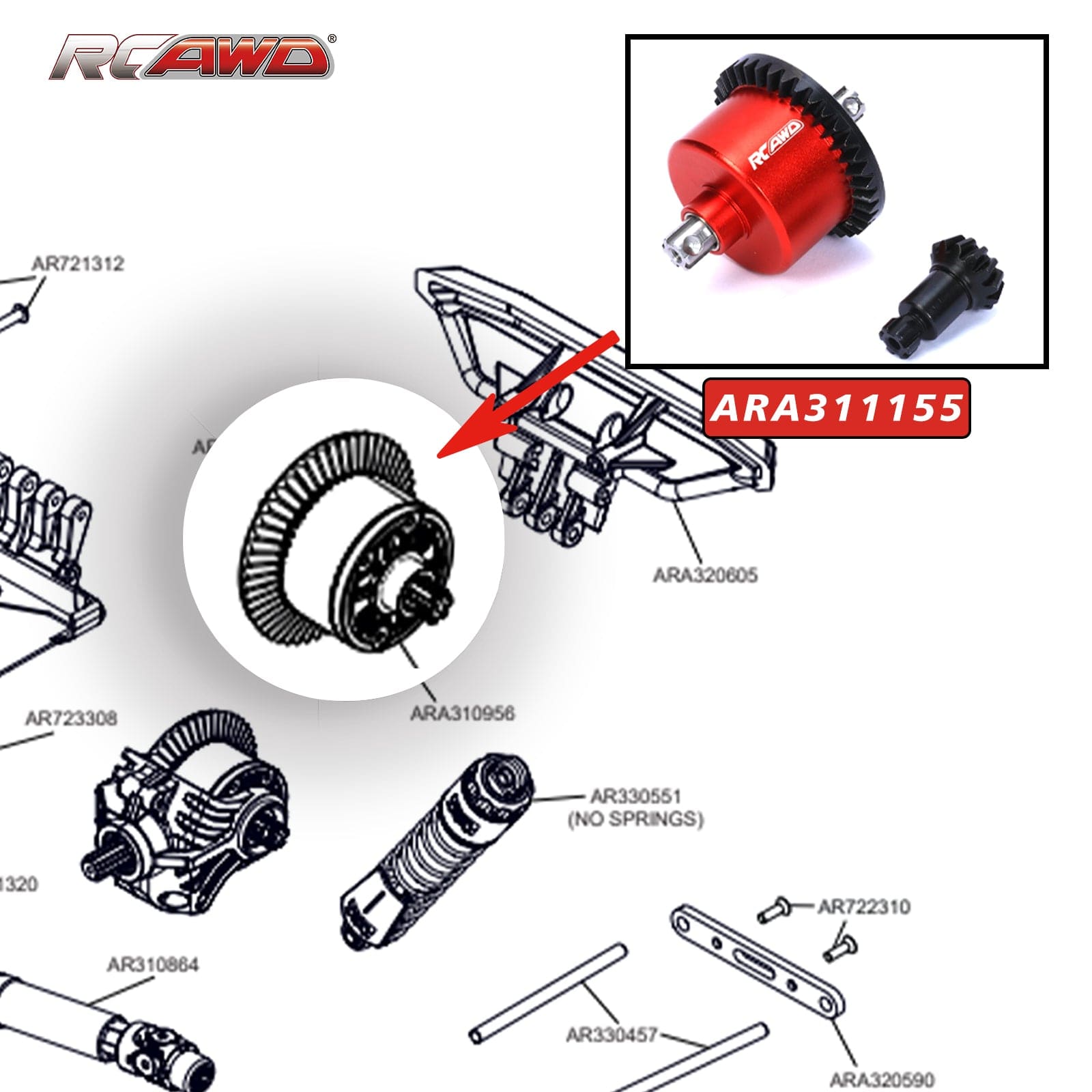 RCAWD ARRMA 3S Red RCAWD ARRMA 3s Upgrades F/R Differential Set 37T 13T Diff Set for Grannite Senton Big Rock