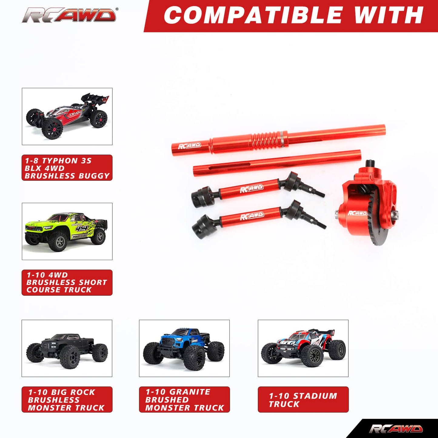 RCAWD ARRMA 3s Upgrades 2WD to 4WD Full Aluminum Differential Set for Grannite Senton Big Rock - RCAWD