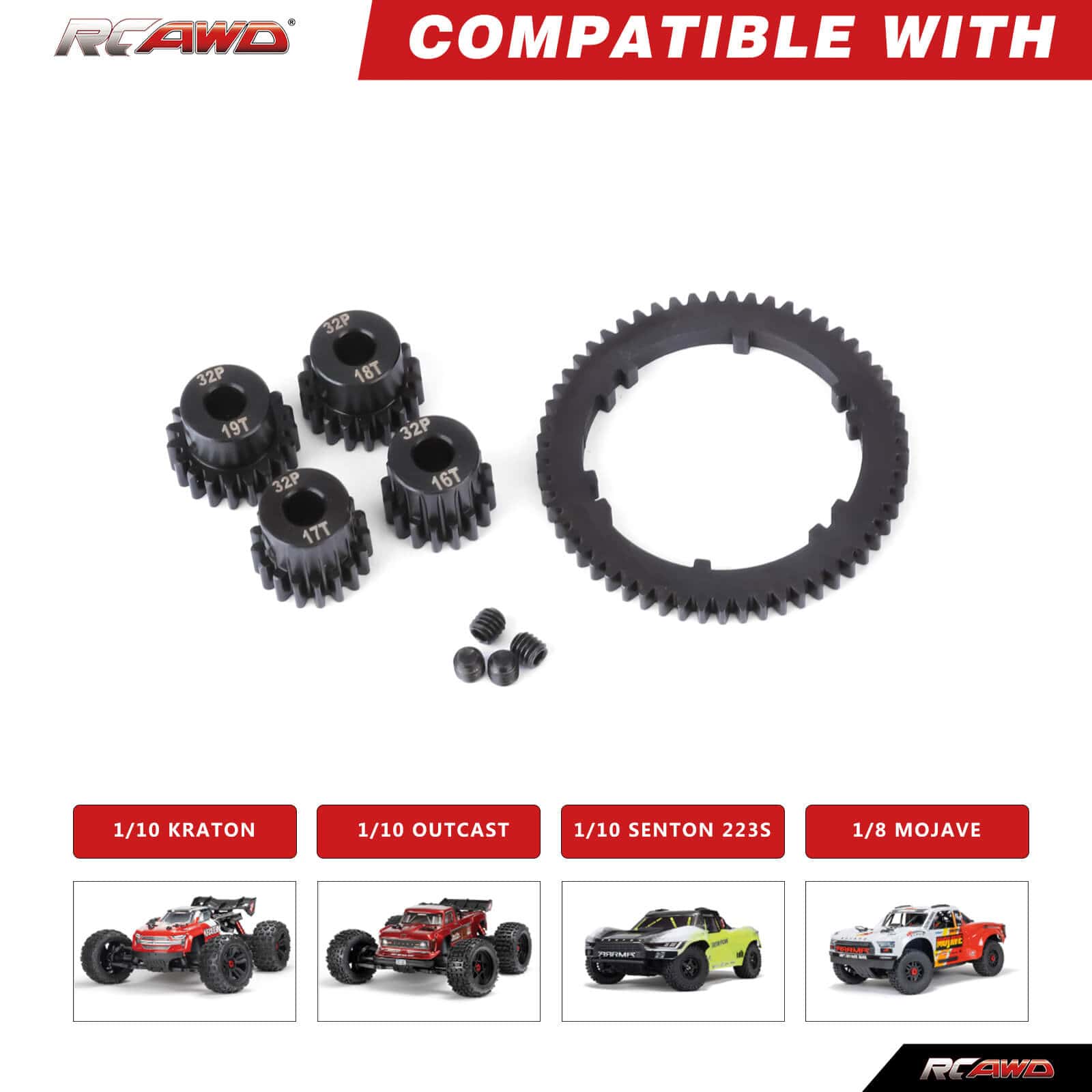 RCAWD ARRMA 4S RCAWD 57T 0.8 MOD Metal Center Diff Spur Gear with 16T 17T 18T 19T Motor Gears