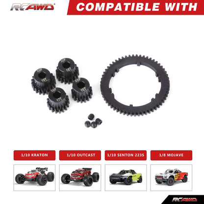 RCAWD ARRMA 4S RCAWD 57T 0.8 MOD Metal Center Diff Spur Gear with 16T 17T 18T 19T Motor Gears