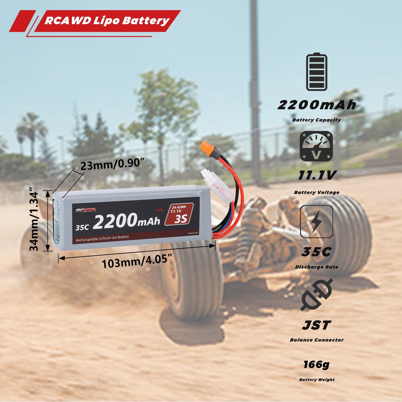 RCAWD Arrma GROM 11.1V 2200MAH 24.42Wh 35C 3S RCAWD Arrma Grom 3S BLX 11.1V 2200mAh Battery Set With IC2 Plug