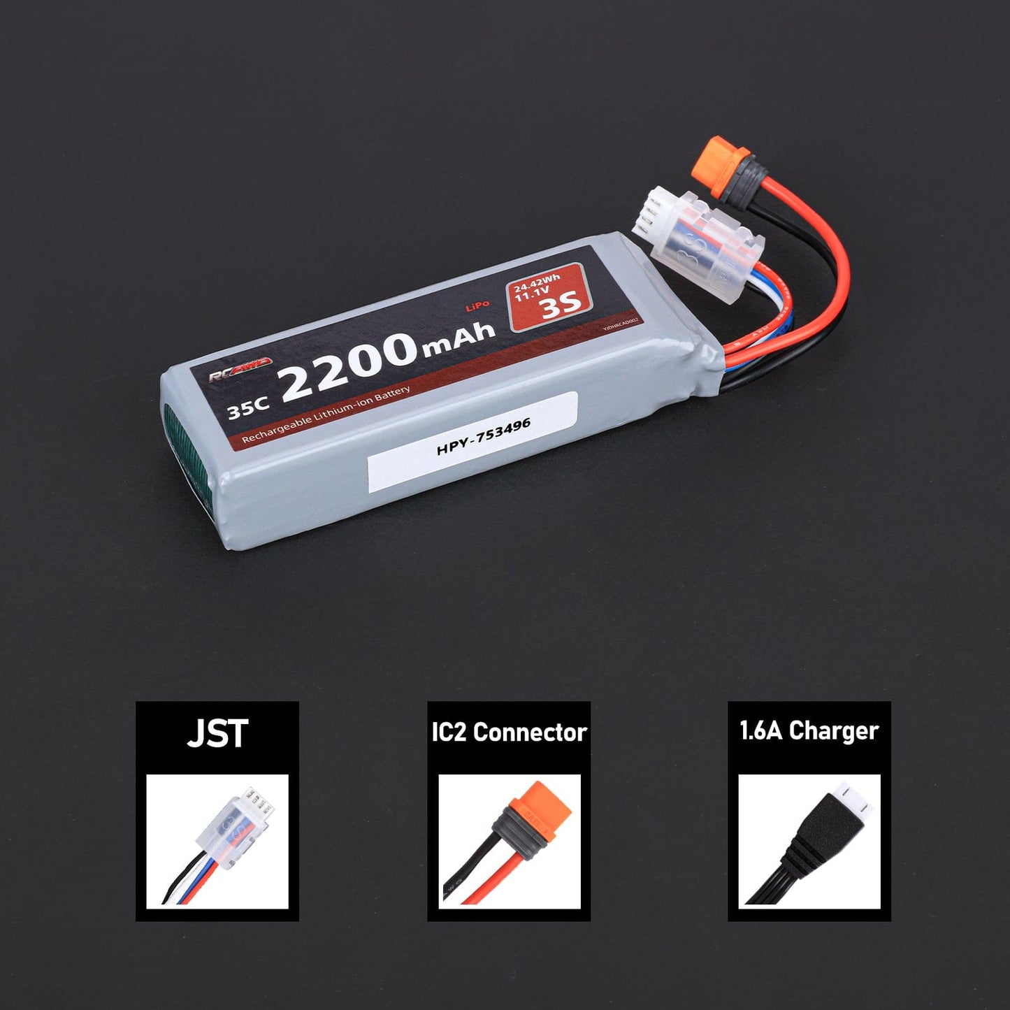 RCAWD Arrma GROM 11.1V 2200MAH 24.42Wh 35C 3S RCAWD Arrma Grom 3S BLX 11.1V 2200mAh Battery Set With IC2 Plug