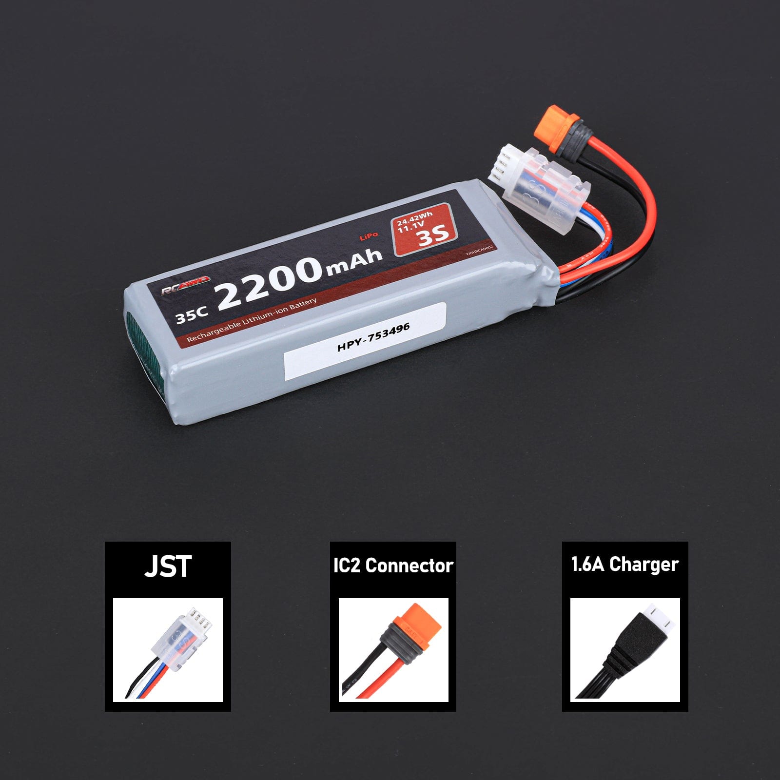 RCAWD Arrma GROM 11.1V 2200MAH 24.42Wh 35C 3S RCAWD Arrma Grom 3S BLX 11.1V 2200mAh Battery Set With IC2 Plug