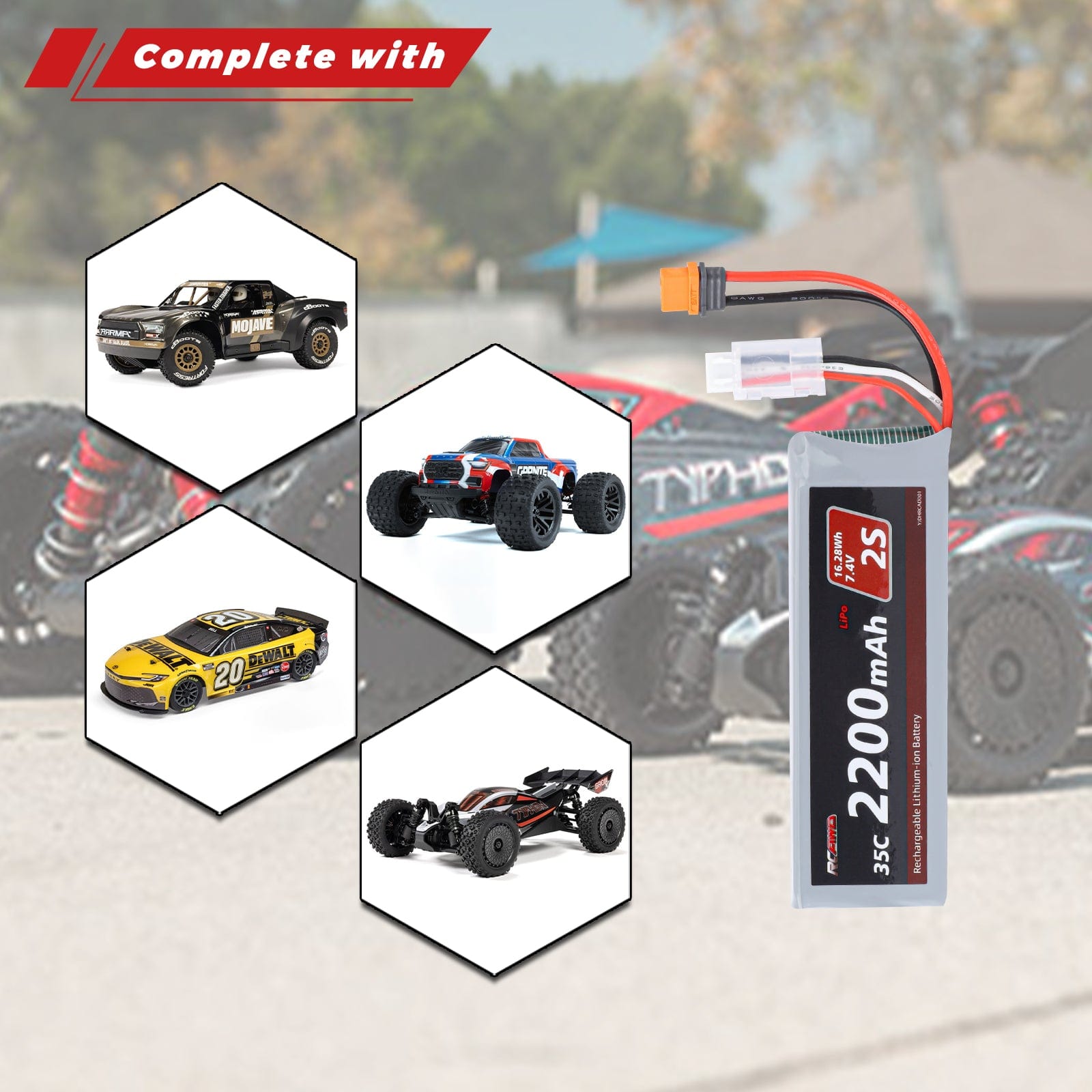 RCAWD Arrma GROM 7.4V 2200MAH 16.28Wh 35C 2S RCAWD Arrma Grom 2S 7.4V 2200mAh Battery Set With IC2 Plug