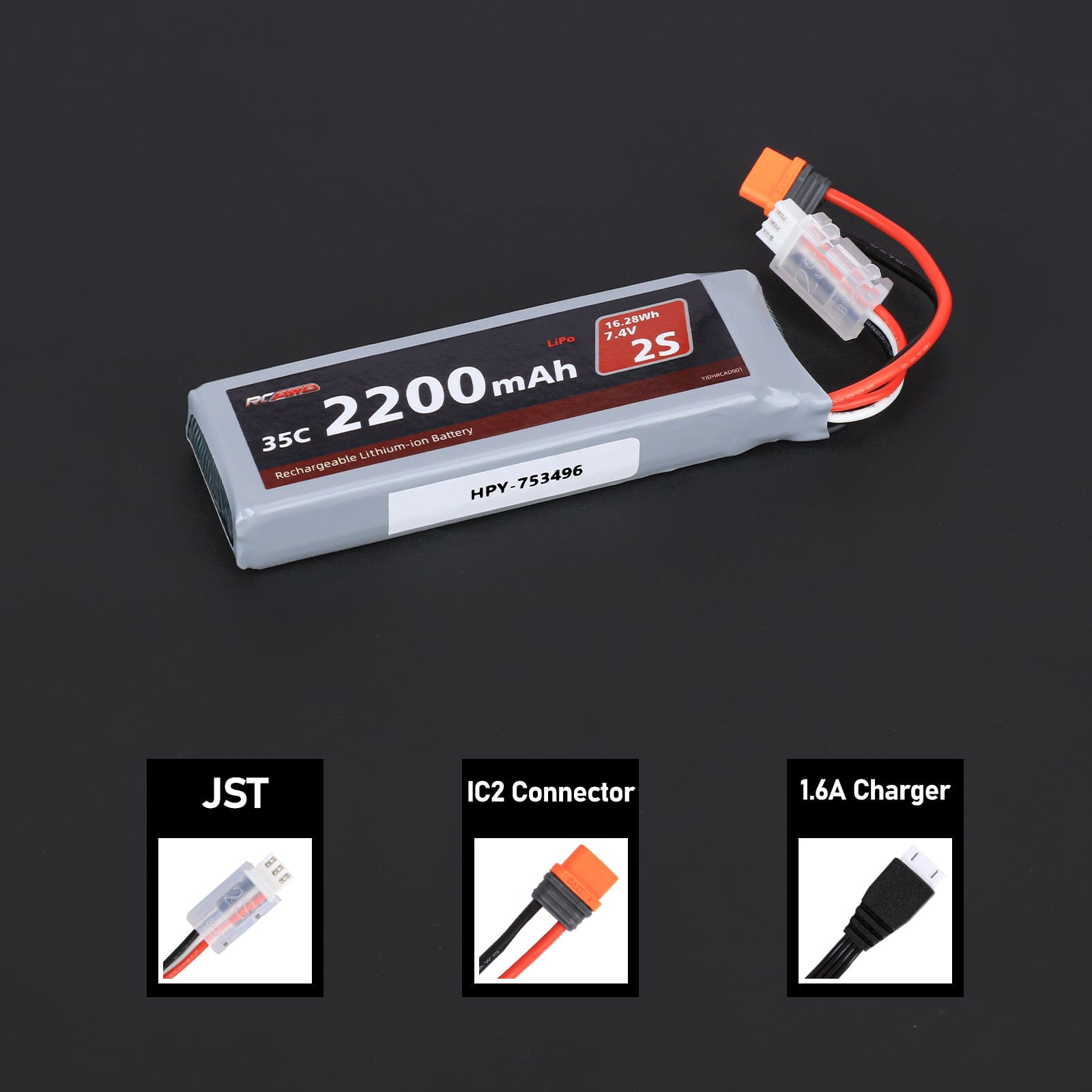 RCAWD Arrma GROM 7.4V 2200MAH 16.28Wh 35C 2S RCAWD Arrma Grom 2S 7.4V 2200mAh Battery Set With IC2 Plug