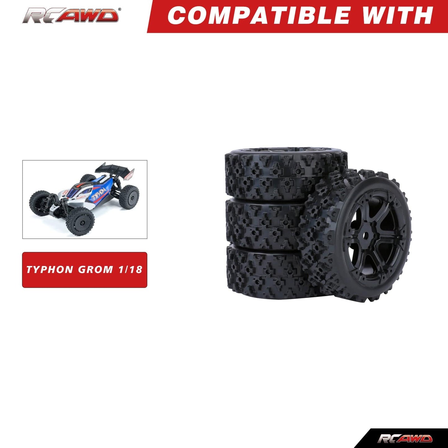 RCAWD Arrma GROM RCAWD 38g/pc 72MM Nylon Wheel Rim Rubber Tires Set For Arrma 1/18 Typhon Grom Mega