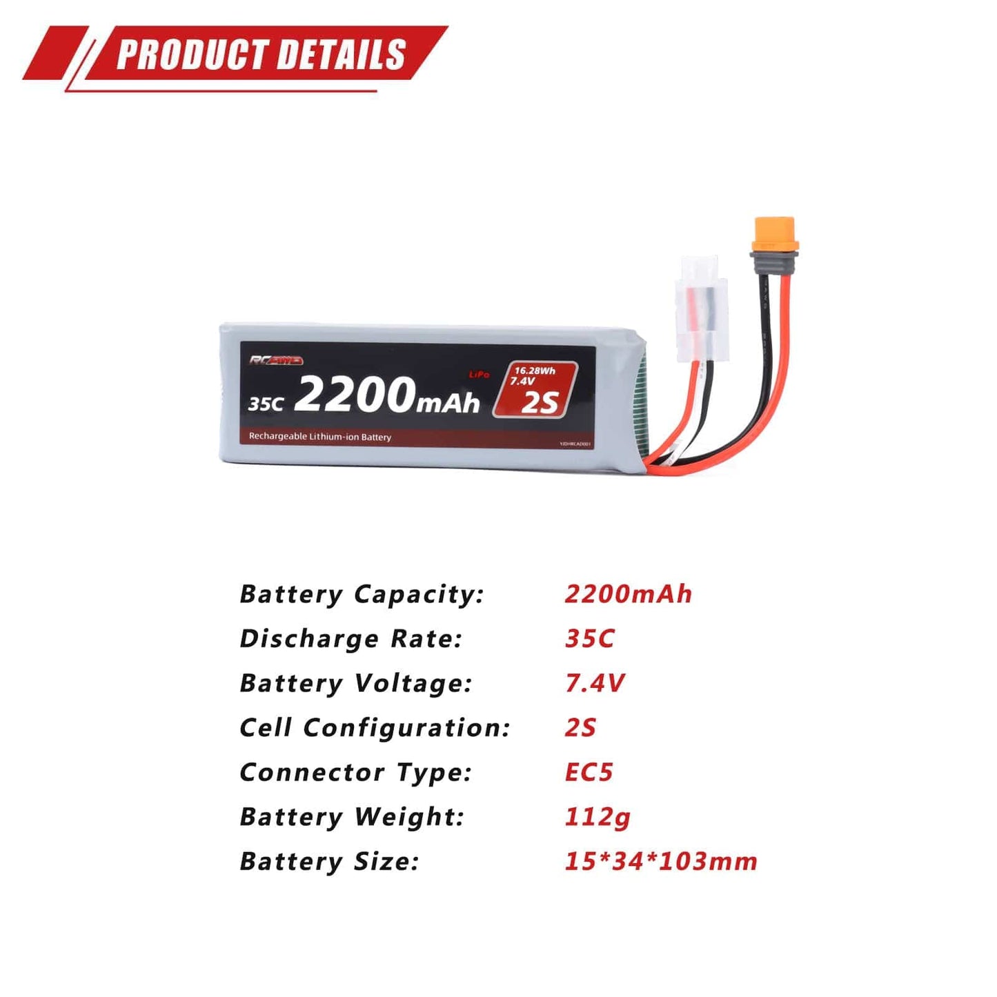 RCAWD Arrma GROM Upgrade Parts 7.4V 2200MAH 16.28Wh 35C 2S RCAWD Arrma Grom 2S 7.4V 2200mAh Battery Set With IC2 Plug