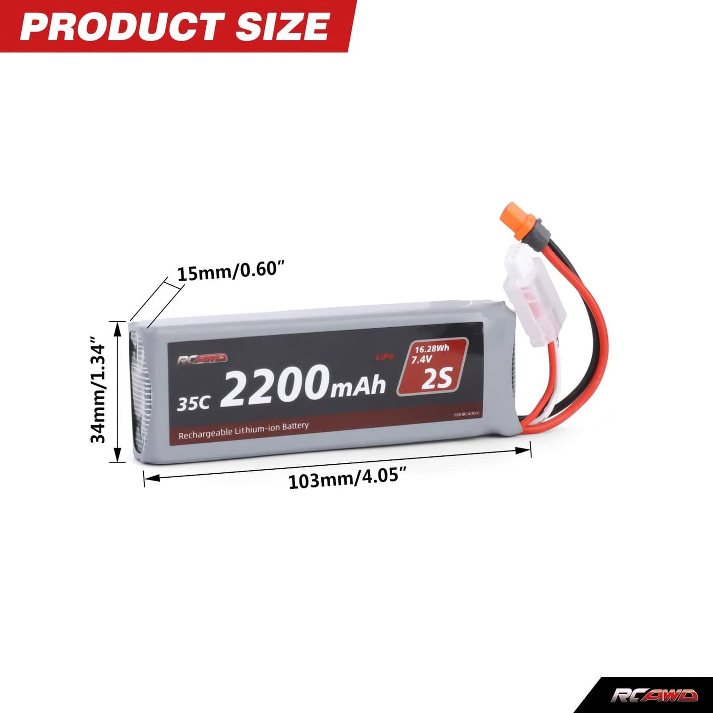RCAWD Arrma GROM Upgrade Parts 7.4V 2200MAH 16.28Wh 35C 2S RCAWD Arrma Grom 2S 7.4V 2200mAh Battery Set With IC2 Plug