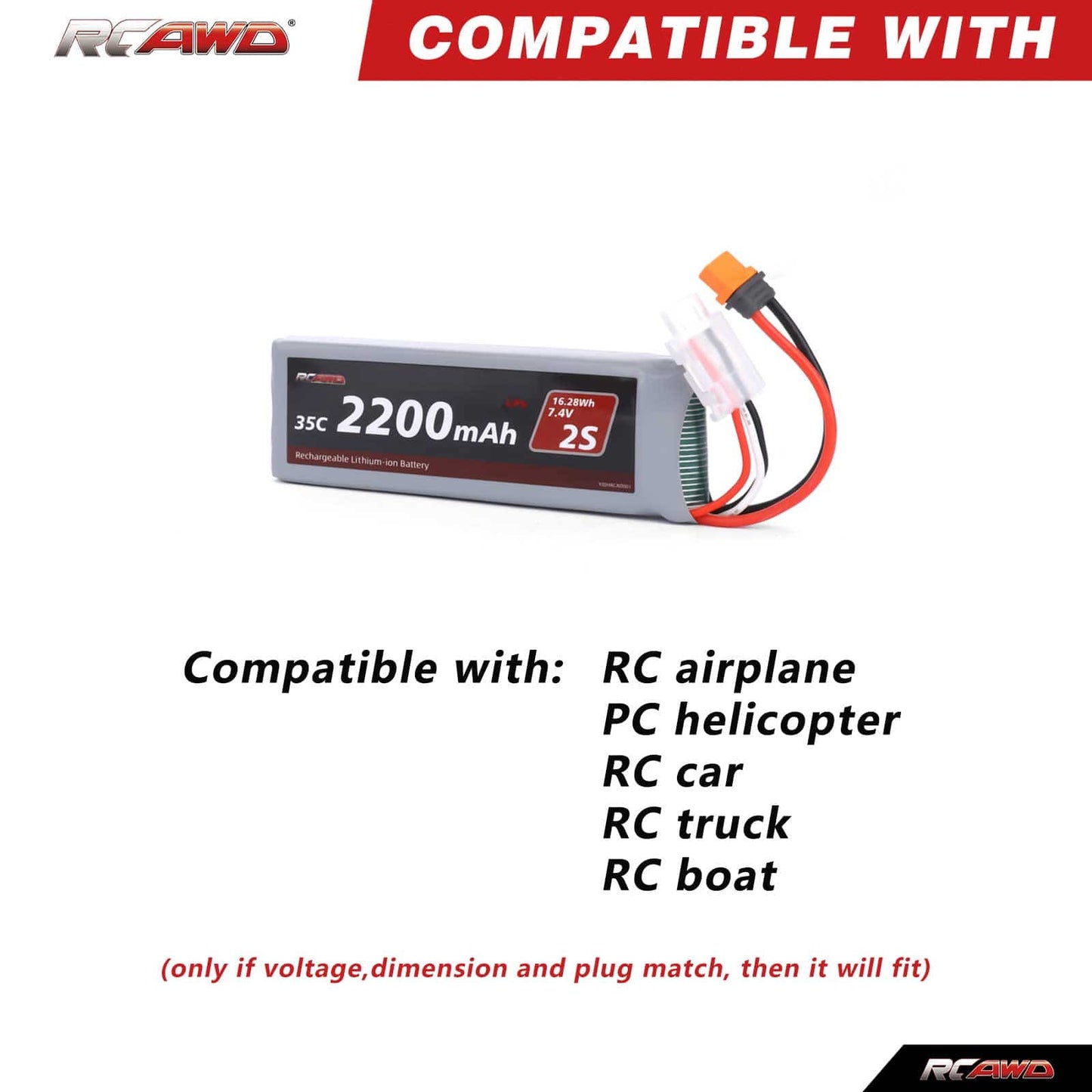RCAWD Arrma GROM Upgrade Parts 7.4V 2200MAH 16.28Wh 35C 2S RCAWD Arrma Grom 2S 7.4V 2200mAh Battery Set With IC2 Plug