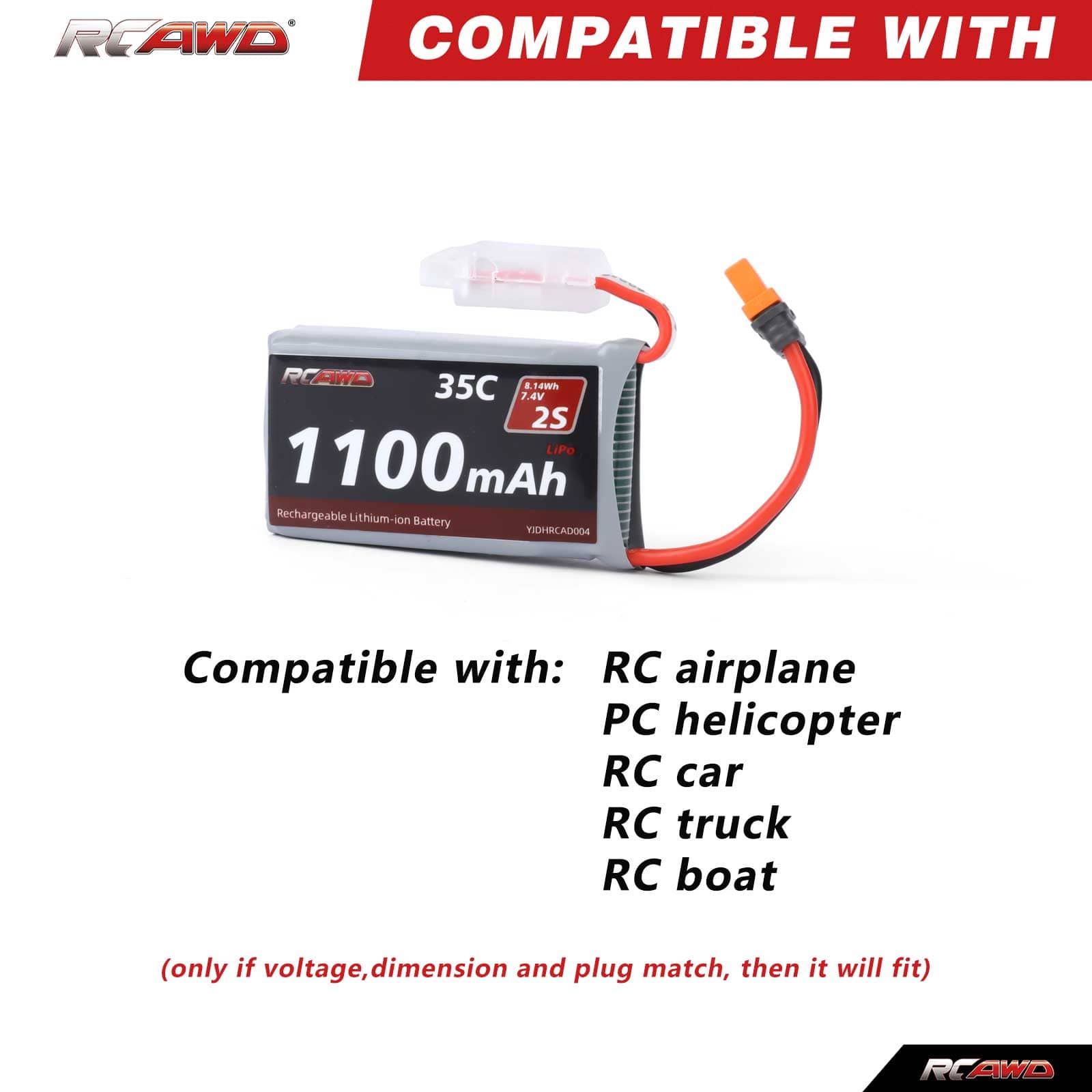 RCAWD Axial 7.4V 1100MAH 8.14Wh 35C 2S RCAWD Losi Axial 7.4V 1100mAh Battery Set with EC2 to IC2 adapter