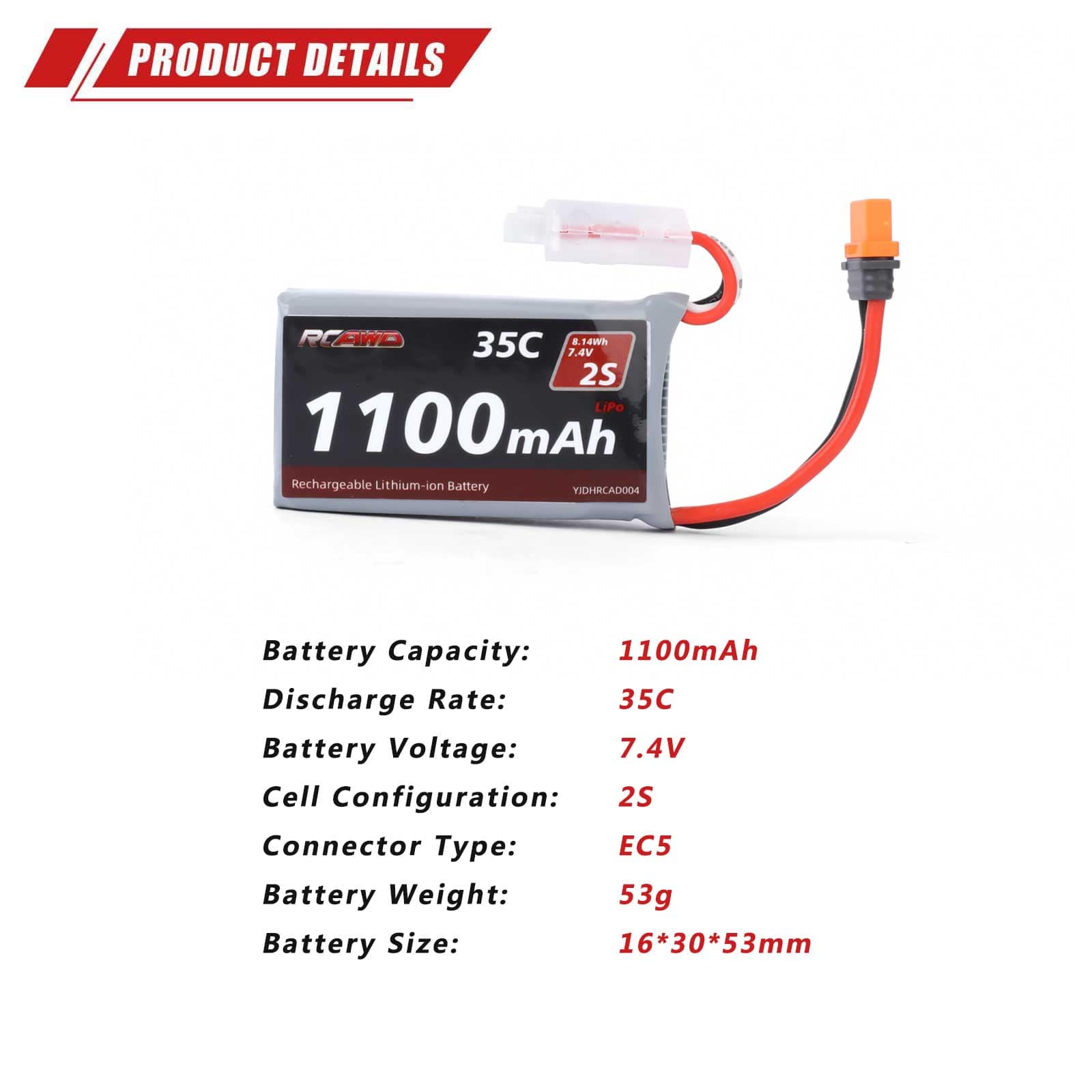 RCAWD Axial 7.4V 1100MAH 8.14Wh 35C 2S RCAWD Losi Axial 7.4V 1100mAh Battery Set with EC2 to IC2 adapter