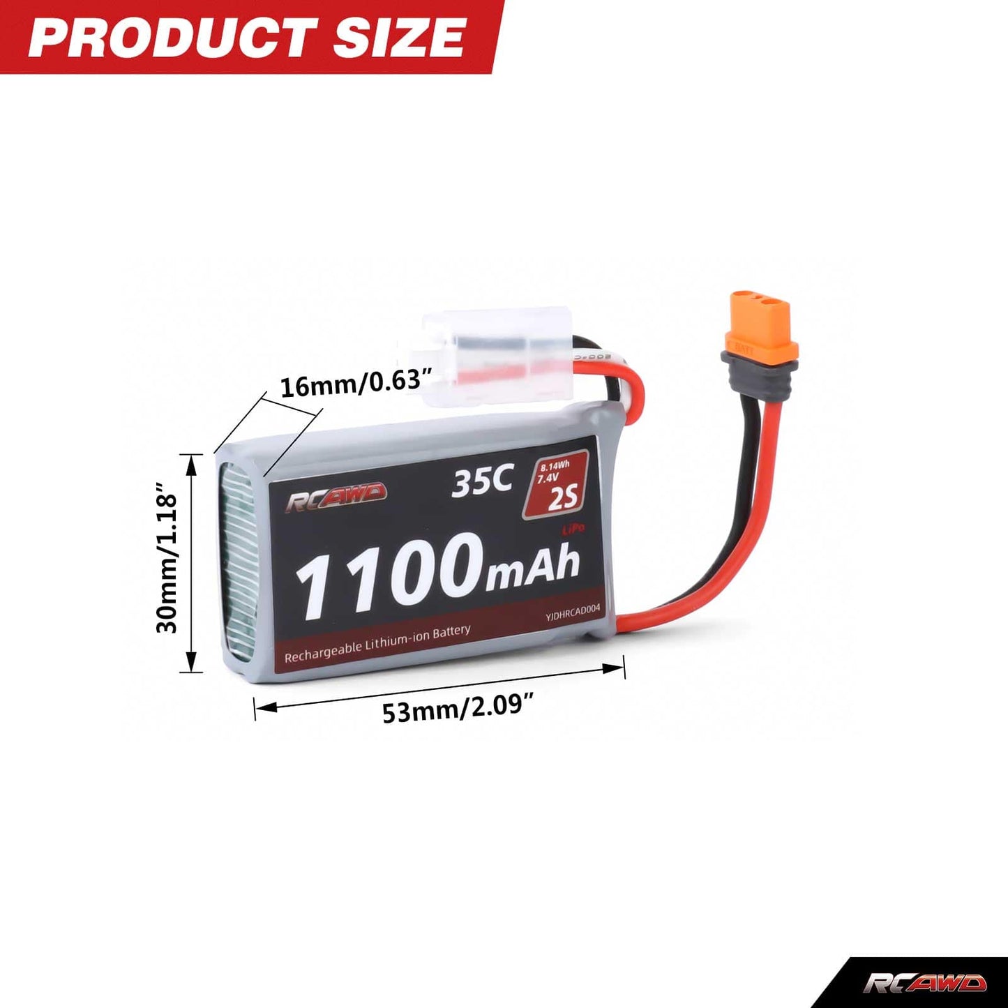 RCAWD Axial 7.4V 1100MAH 8.14Wh 35C 2S RCAWD Losi Axial 7.4V 1100mAh Battery Set with EC2 to IC2 adapter