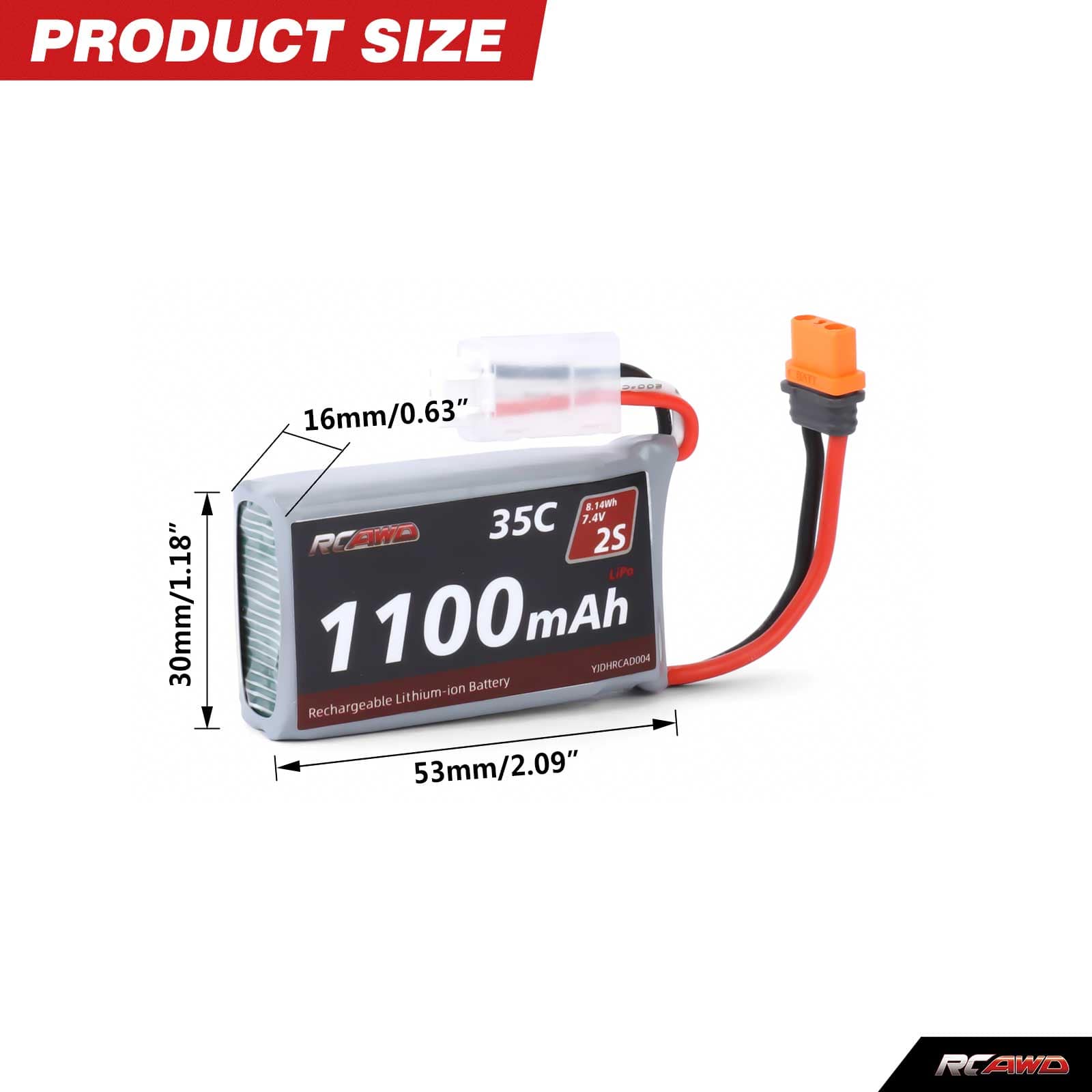RCAWD Axial 7.4V 1100MAH 8.14Wh 35C 2S RCAWD Losi Axial 7.4V 1100mAh Battery Set with EC2 to IC2 adapter