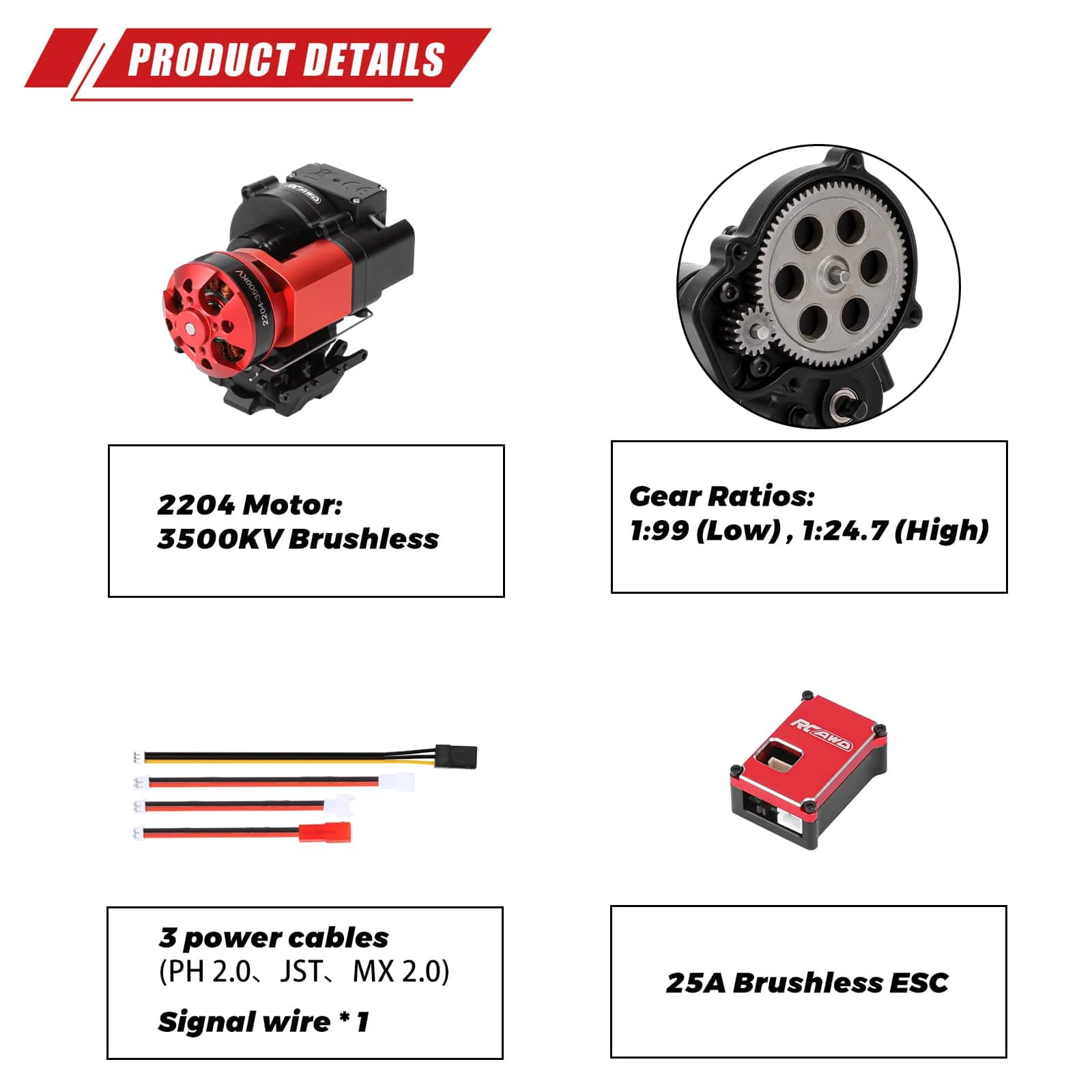 RCAWD SCX24 2 Speed Transmission 30A Brushless ESC 3500KV Motor Set Wi