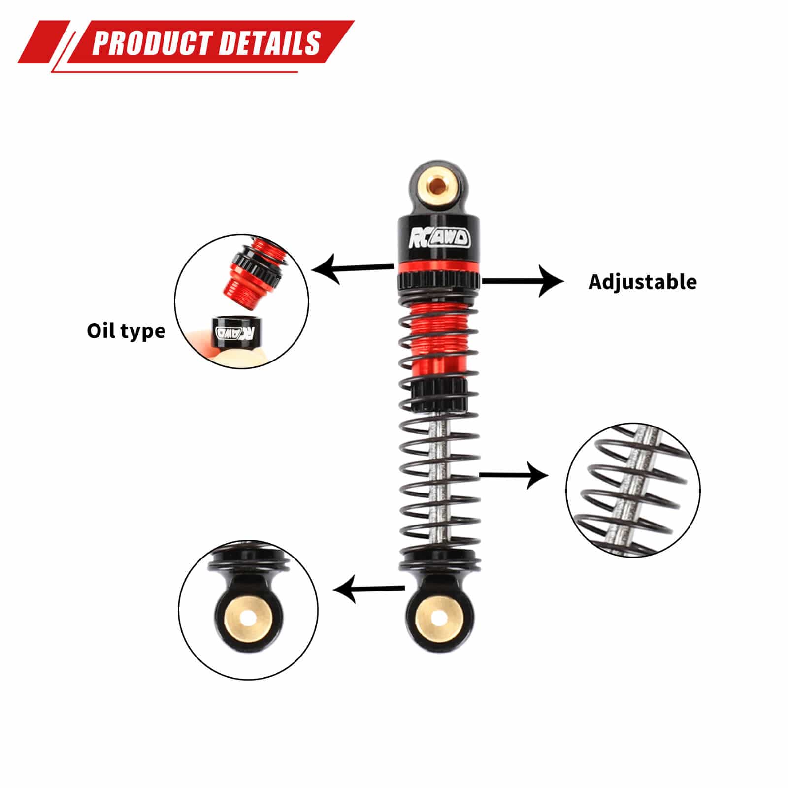 RCAWD Axial SCX24 47mm Oil Filled Shocks Absorber 4pcs with Extra Springs - RCAWD